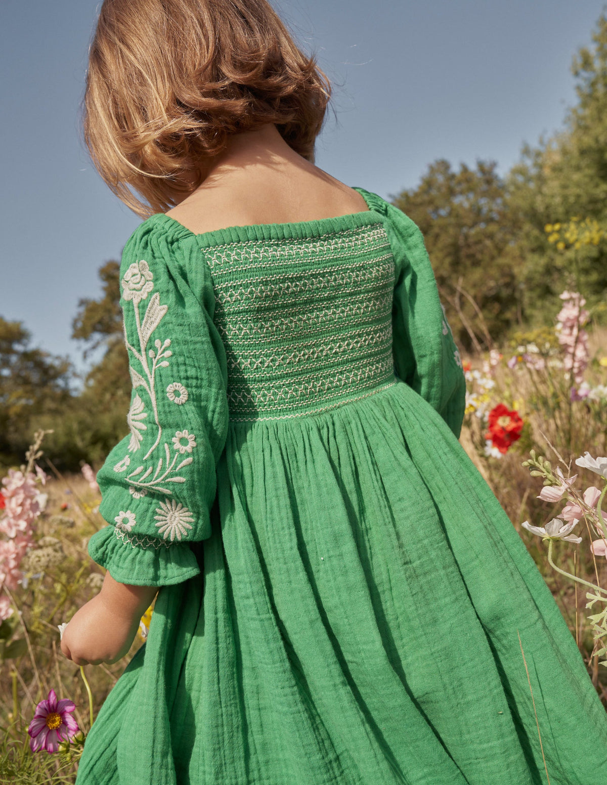 Smocked Bodice Woven Dress-School Green Daisies-6
