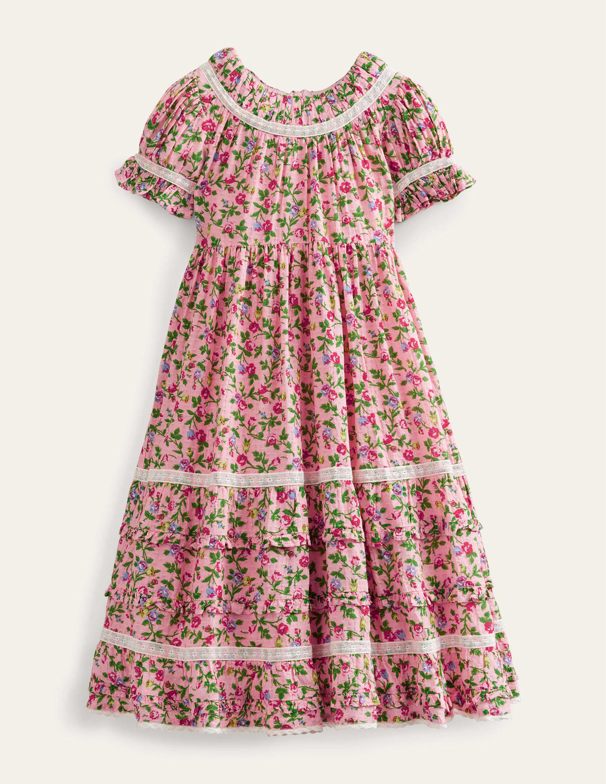 Printed Lace Trim Party Dress-Rambling Rose Pink - Image 1