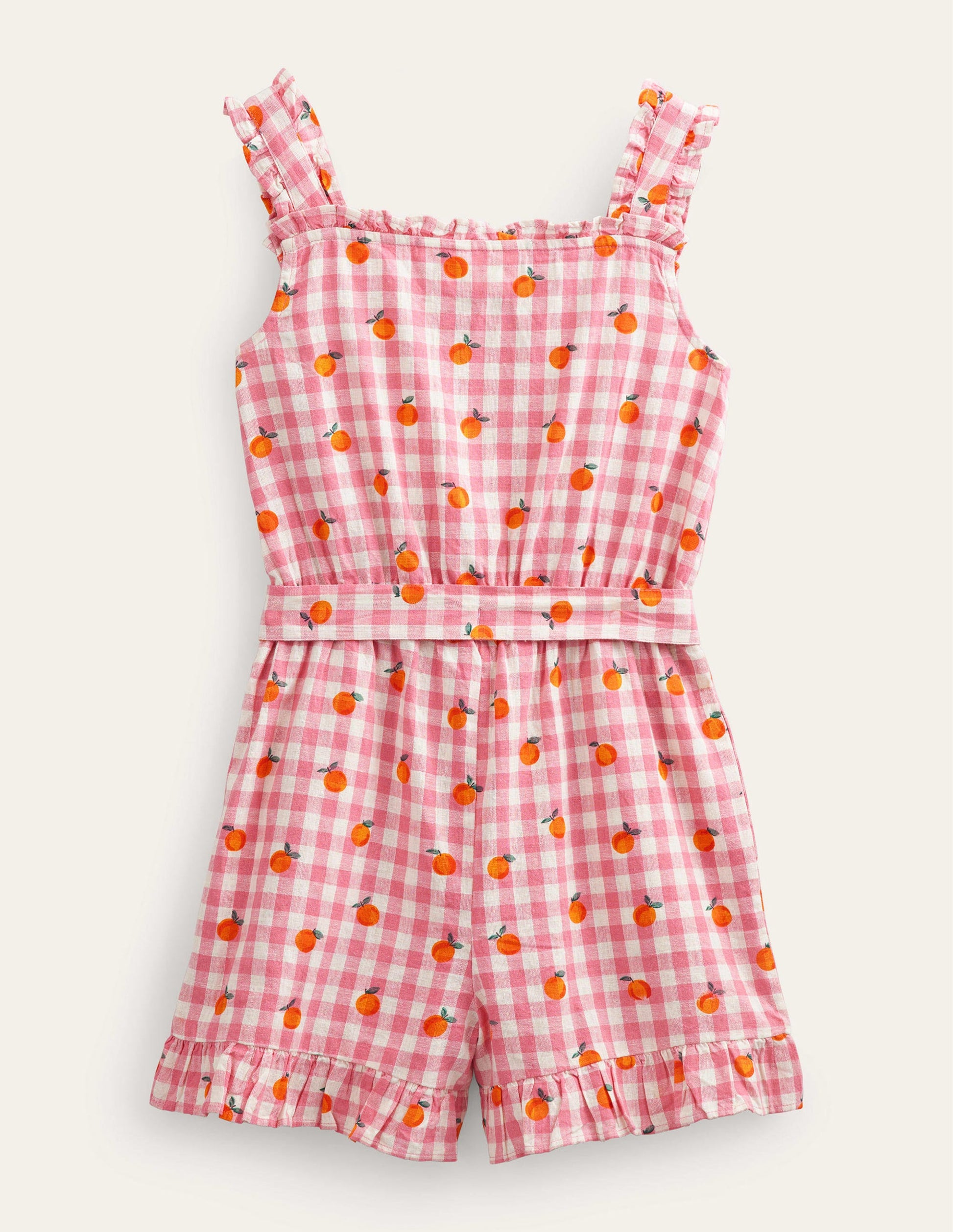 Linen-Cotton Ruffle Playsuit-Azalea and Ivory Gingham-2