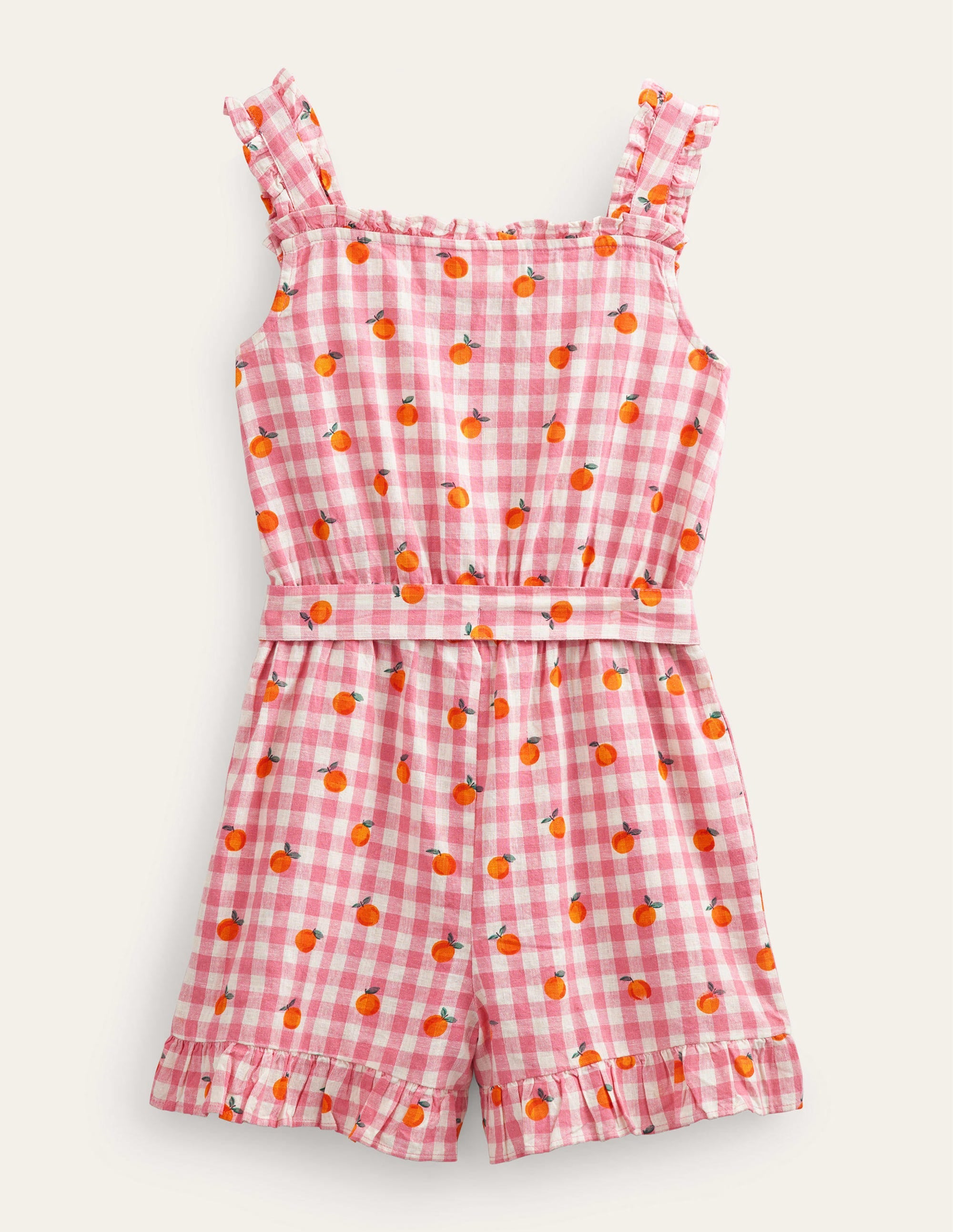 Linen-Cotton Ruffle Playsuit-Azalea and Ivory Gingham - Image 2