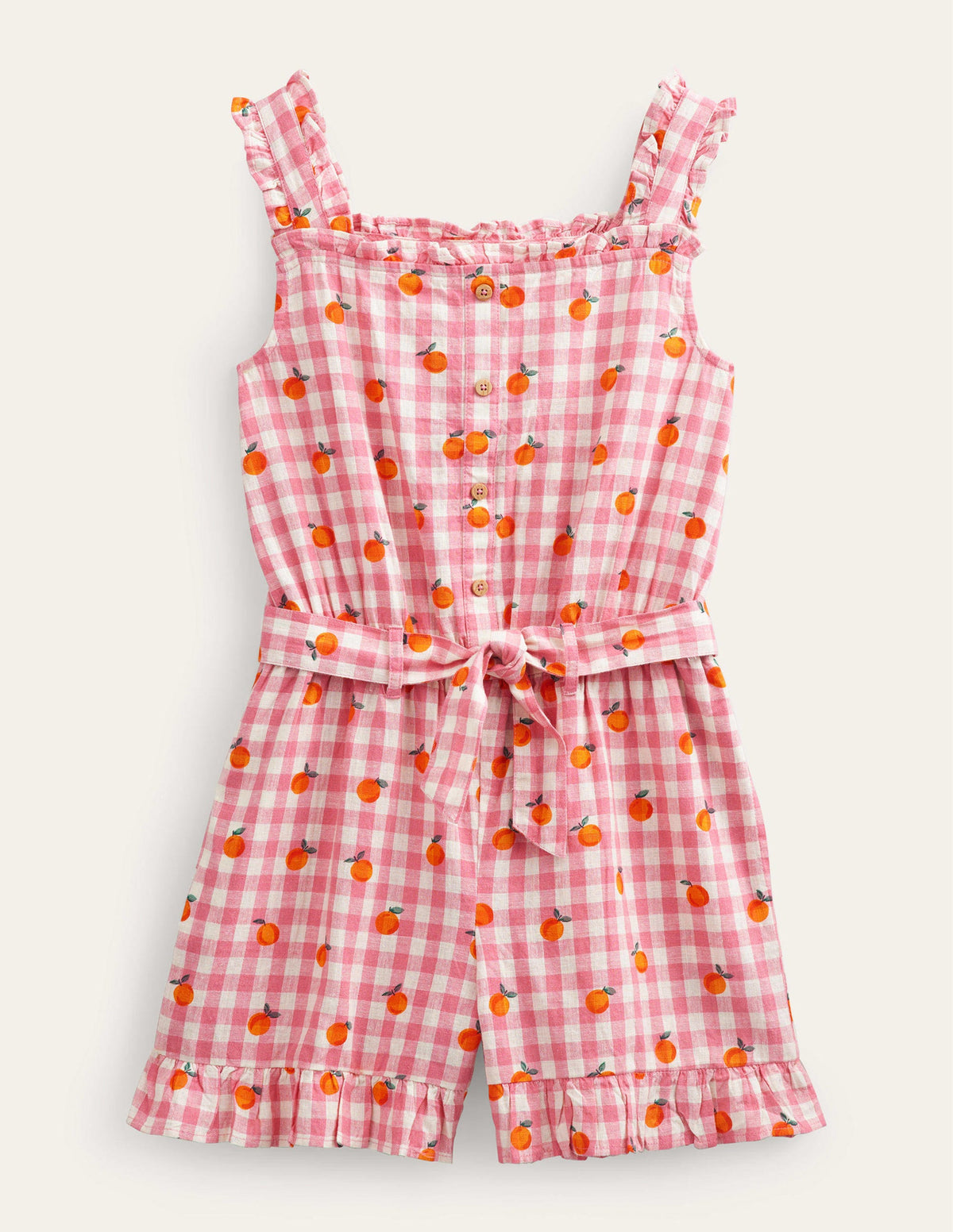 Linen-Cotton Ruffle Playsuit-Azalea and Ivory Gingham-1