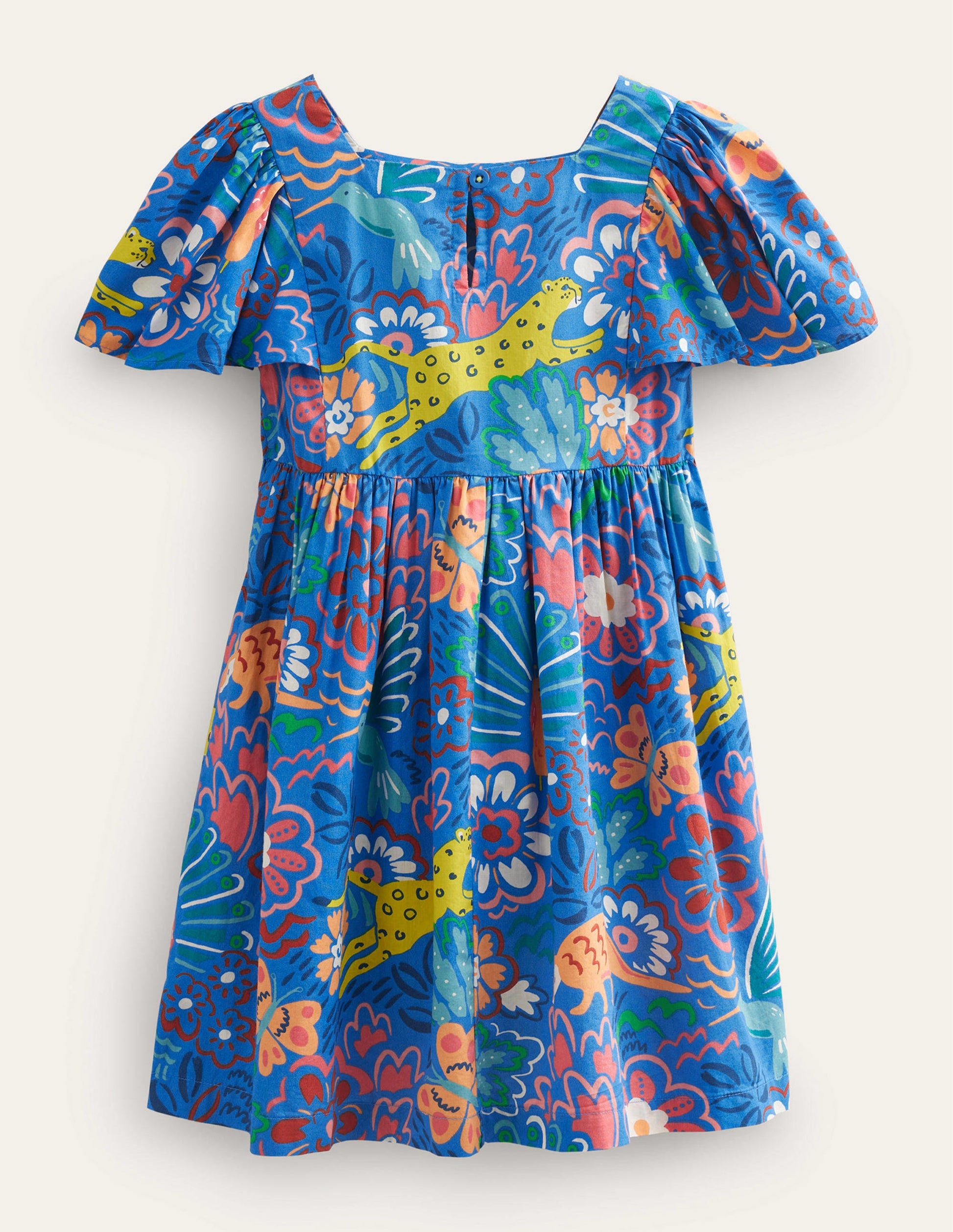 Flutter-Sleeve Printed Dress-Blue Floral Animals-2