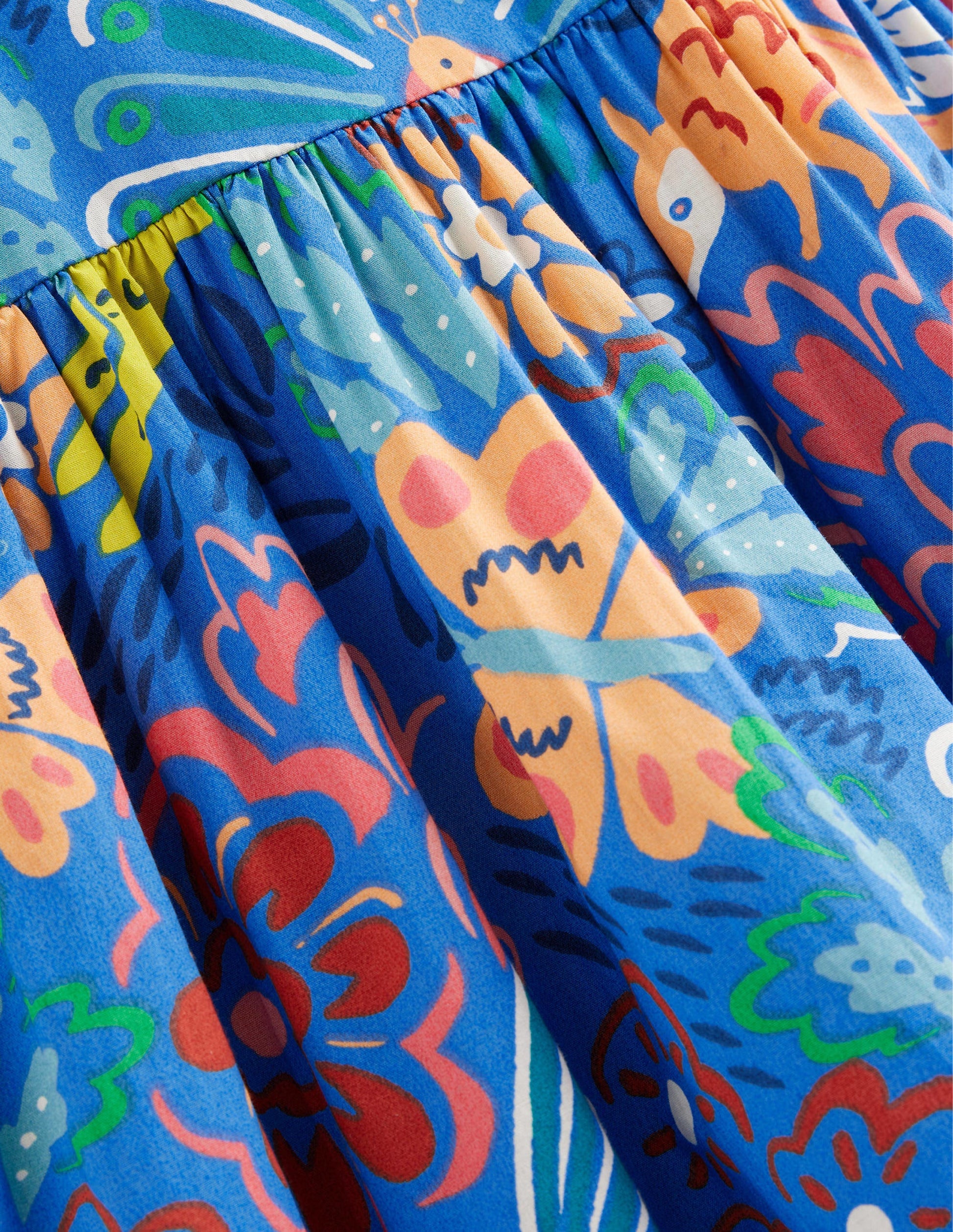 Flutter-Sleeve Printed Dress-Blue Floral Animals-3