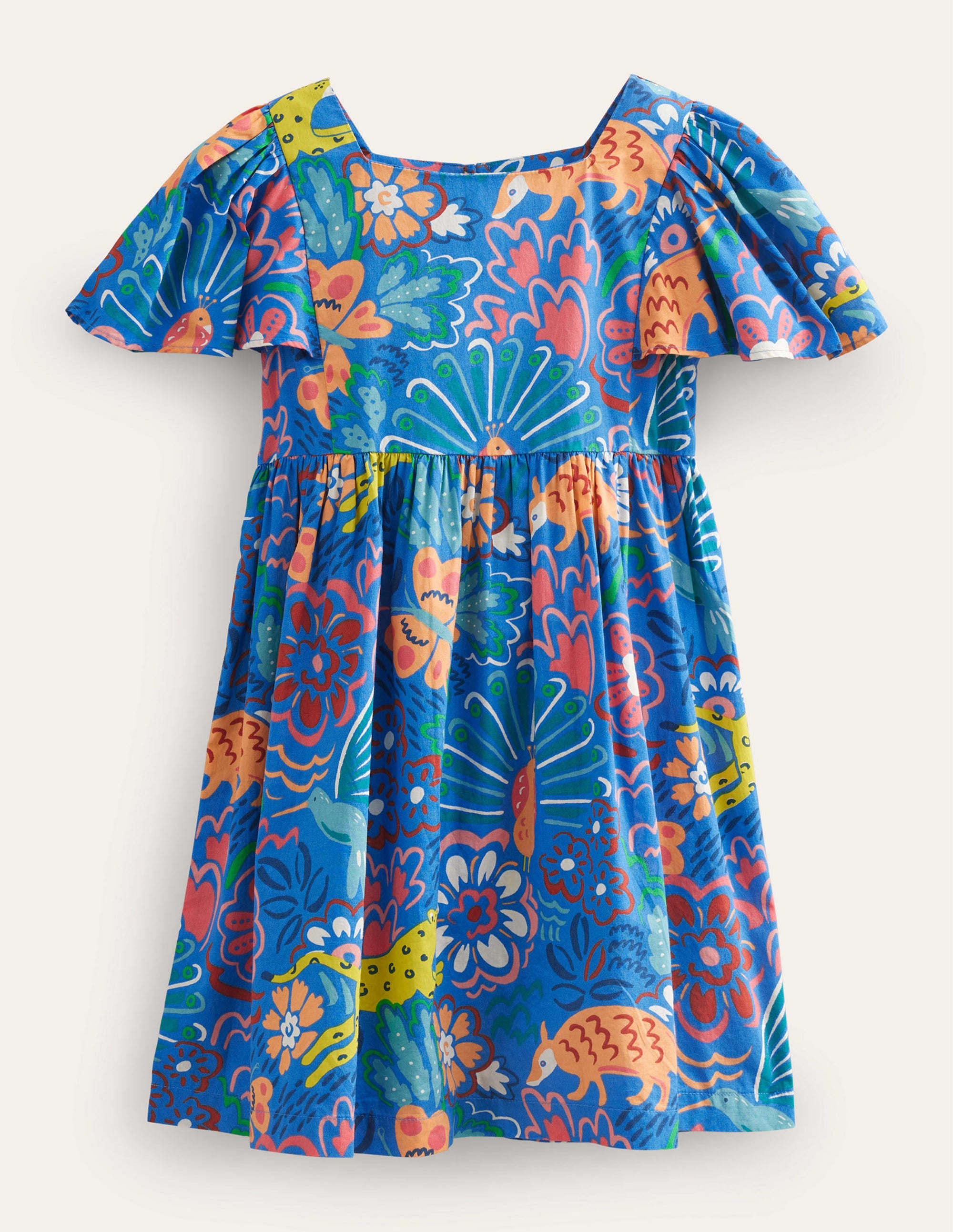 Flutter-Sleeve Printed Dress-Blue Floral Animals - Image 1