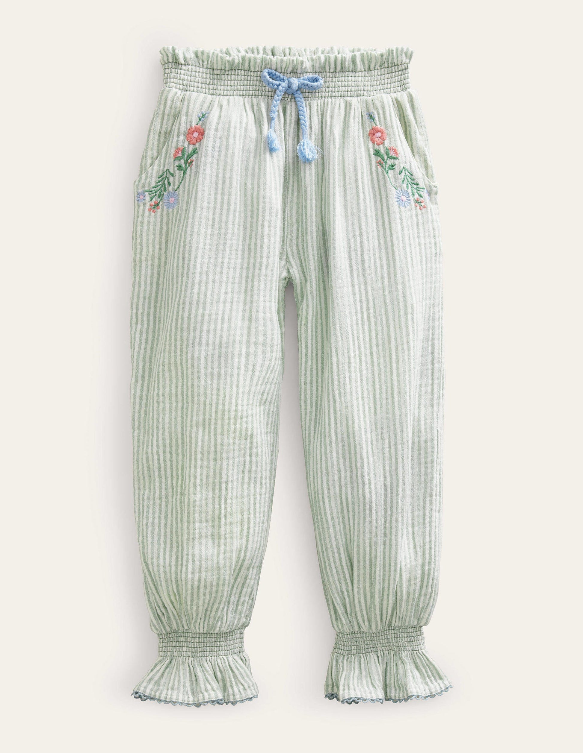 Embroidered Balloon Trousers-Green Embroidered Ticking-1