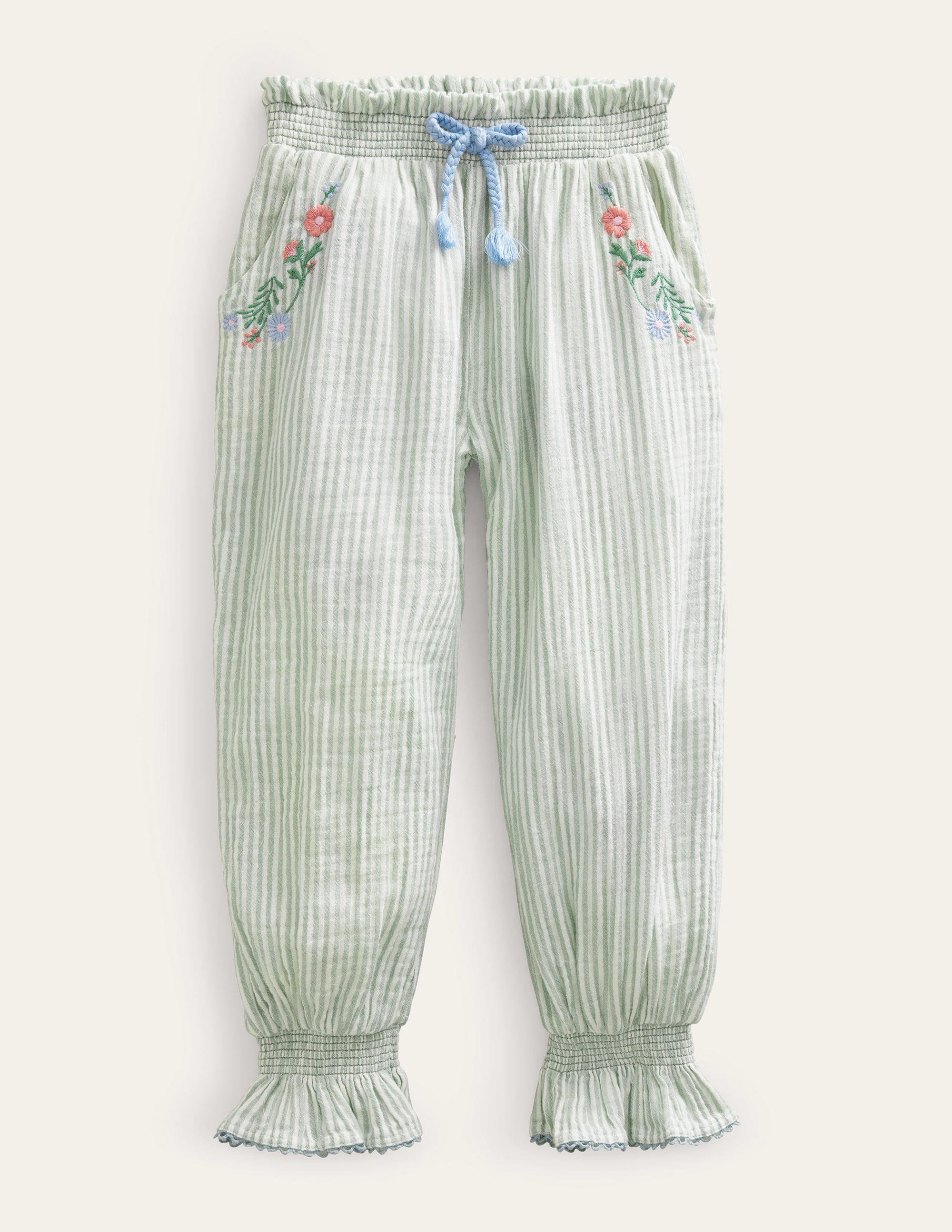 Embroidered Balloon Trousers-Green Embroidered Ticking - Image 1