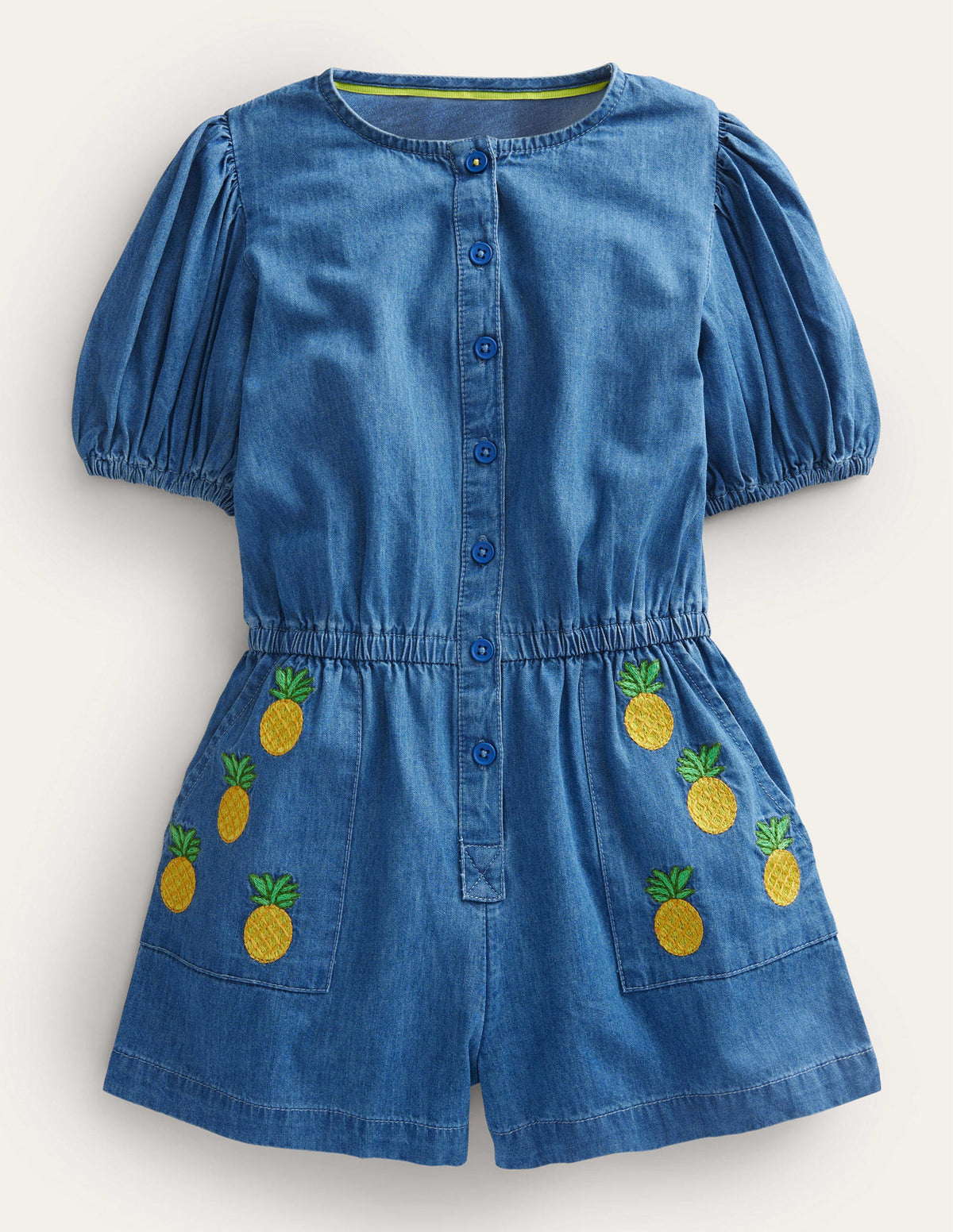 Denim Embroidered Playsuit-Mid Vintage Denim - Image 1