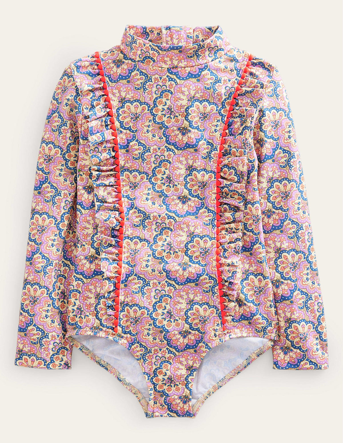 Long Sleeve Trim Swimsuit-Lupin and Peach Sorbet Paisley-1