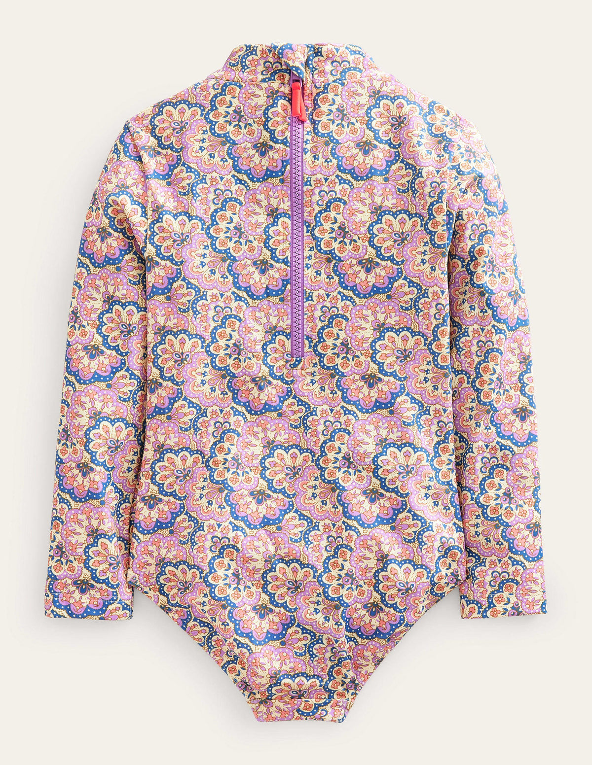 Long Sleeve Trim Swimsuit-Lupin and Peach Sorbet Paisley-2