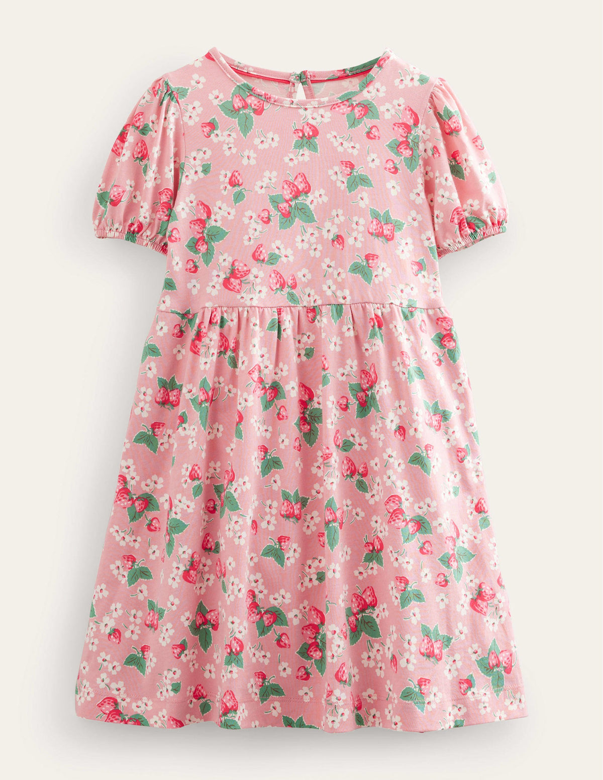 Puff Sleeve Dress-Almond Pink Strawberries - Image 1