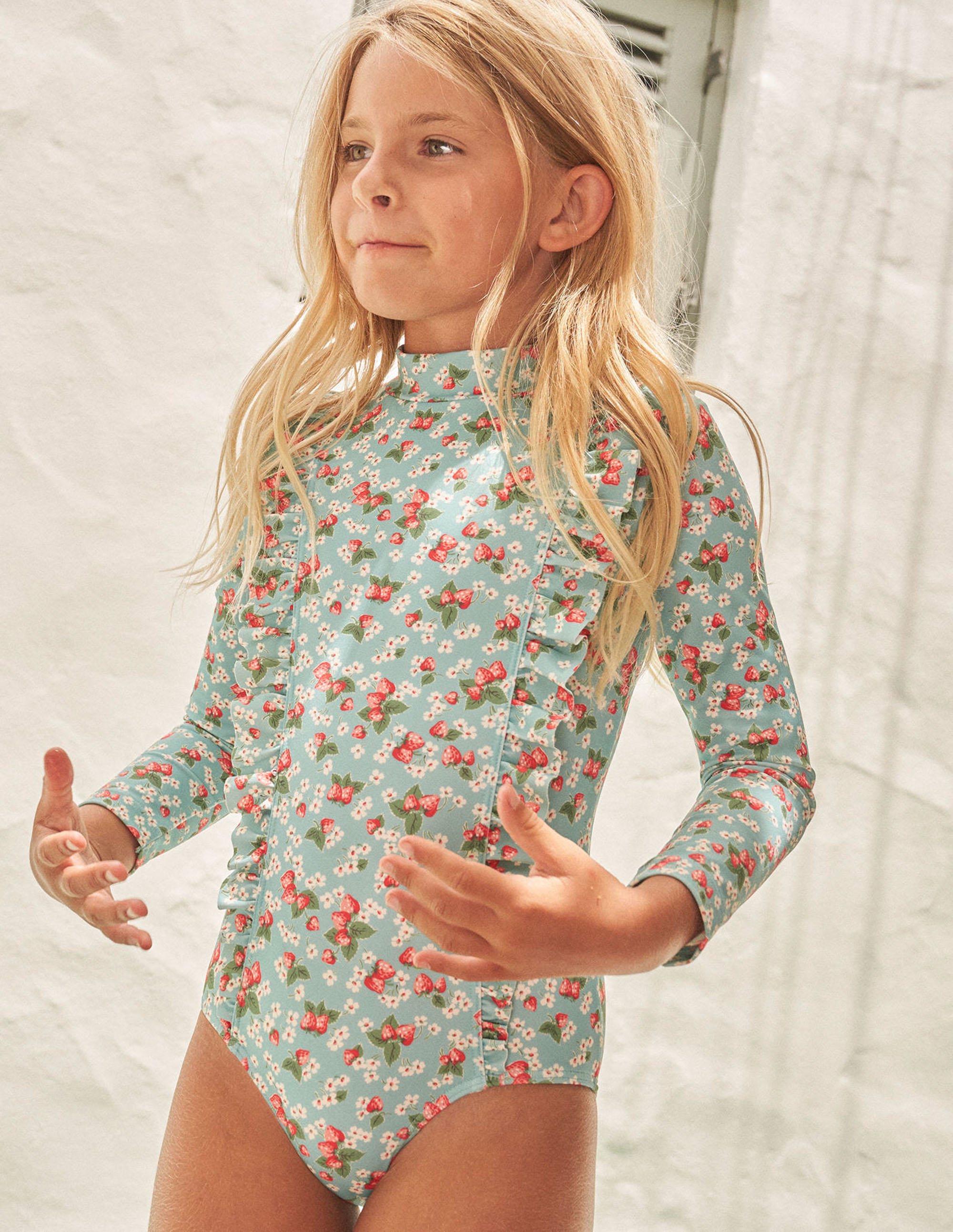 Long Sleeve Print Swimsuit-Aqua Sea Strawberry Ditsy - Image 4