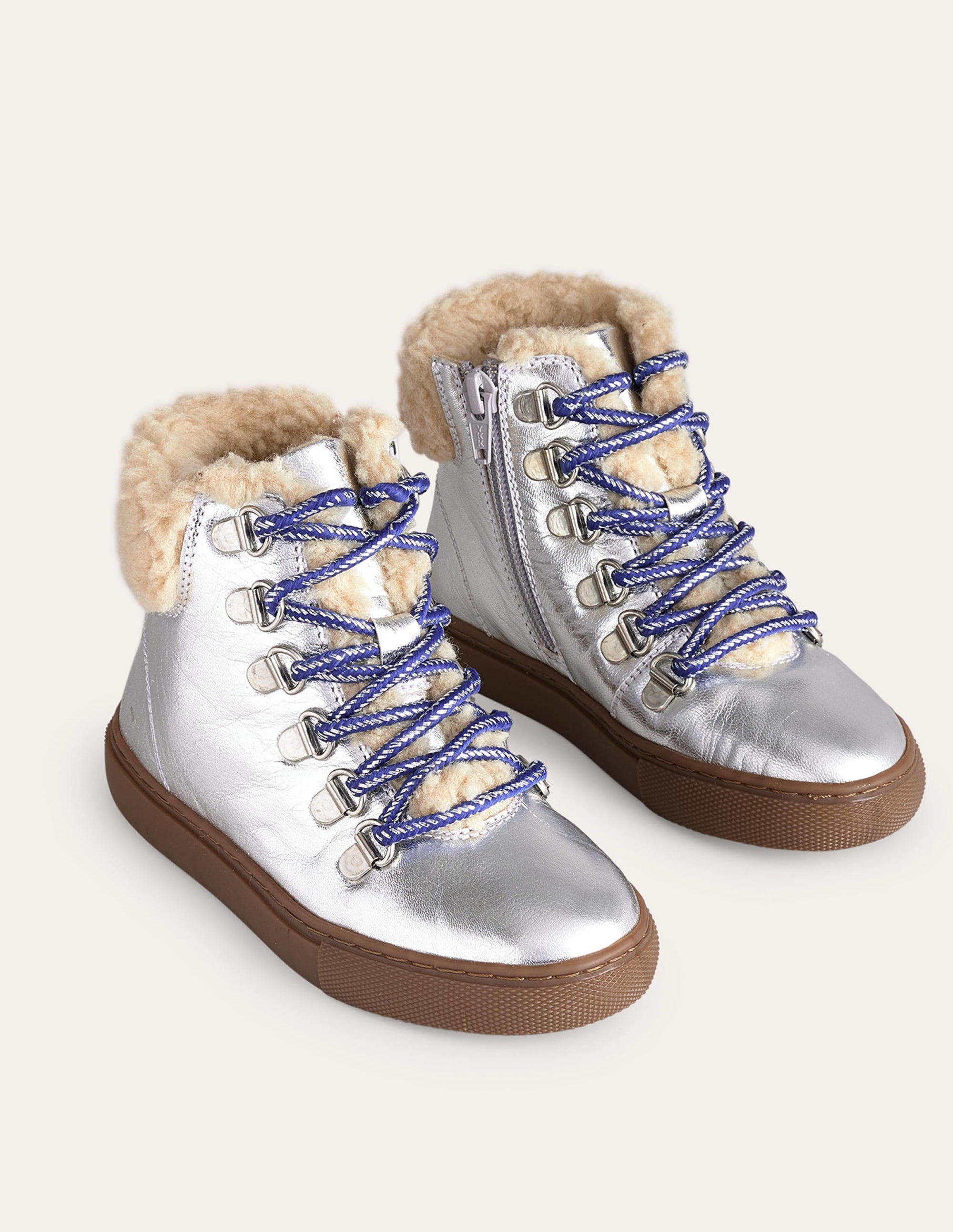 Cosy Leather Lace Up Boots-Silver Metallic - Image 2