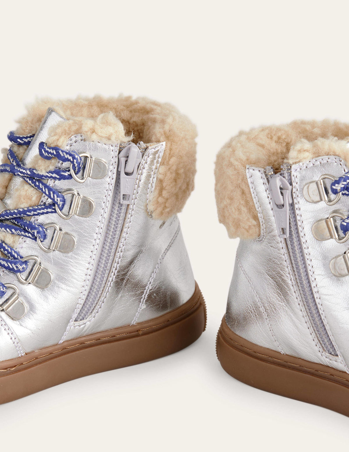 Cosy Leather Lace Up Boots-Silver Metallic - Image 3