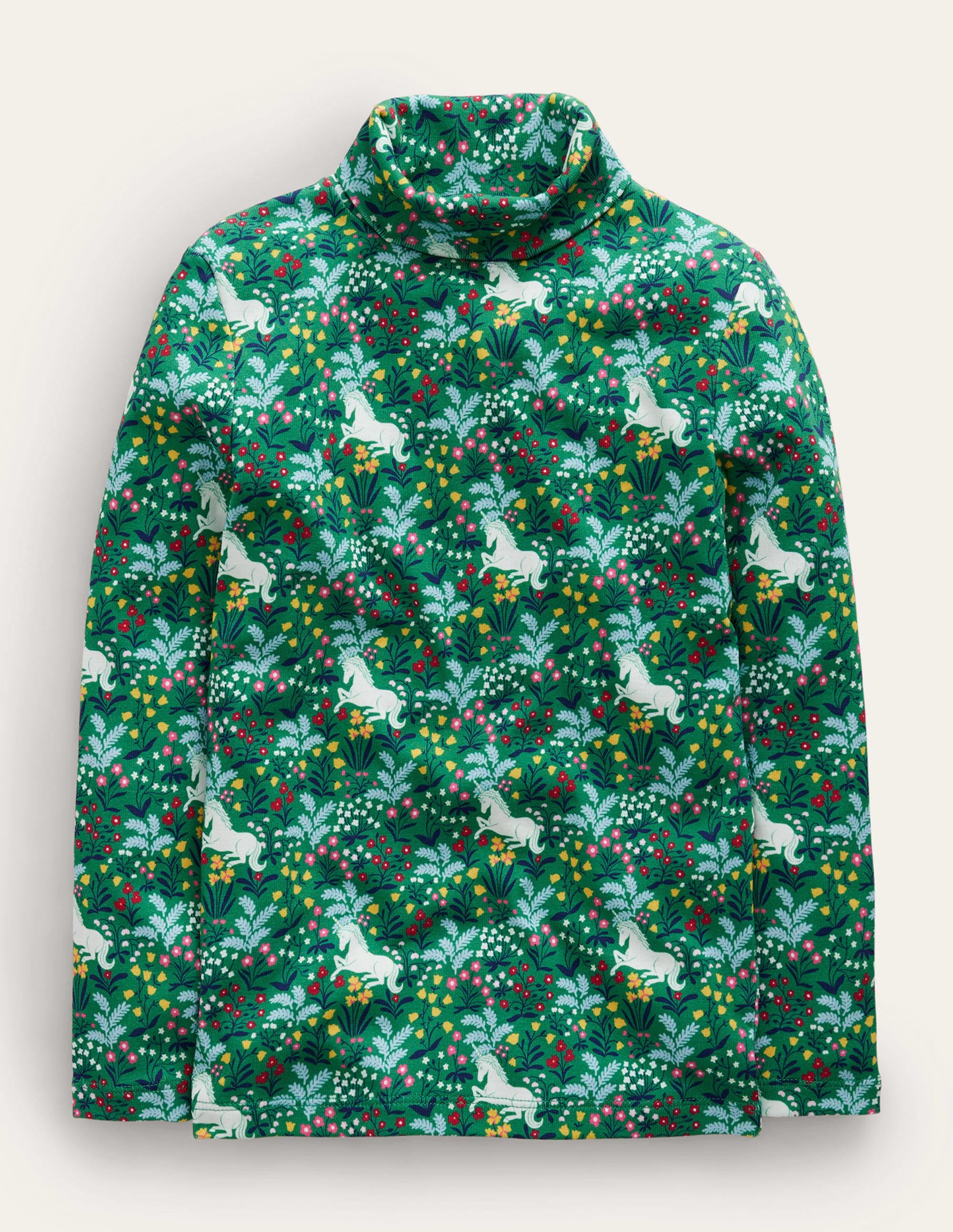 Super Soft Roll Neck Top-Deep Green Unicorn Meadow - Image 1