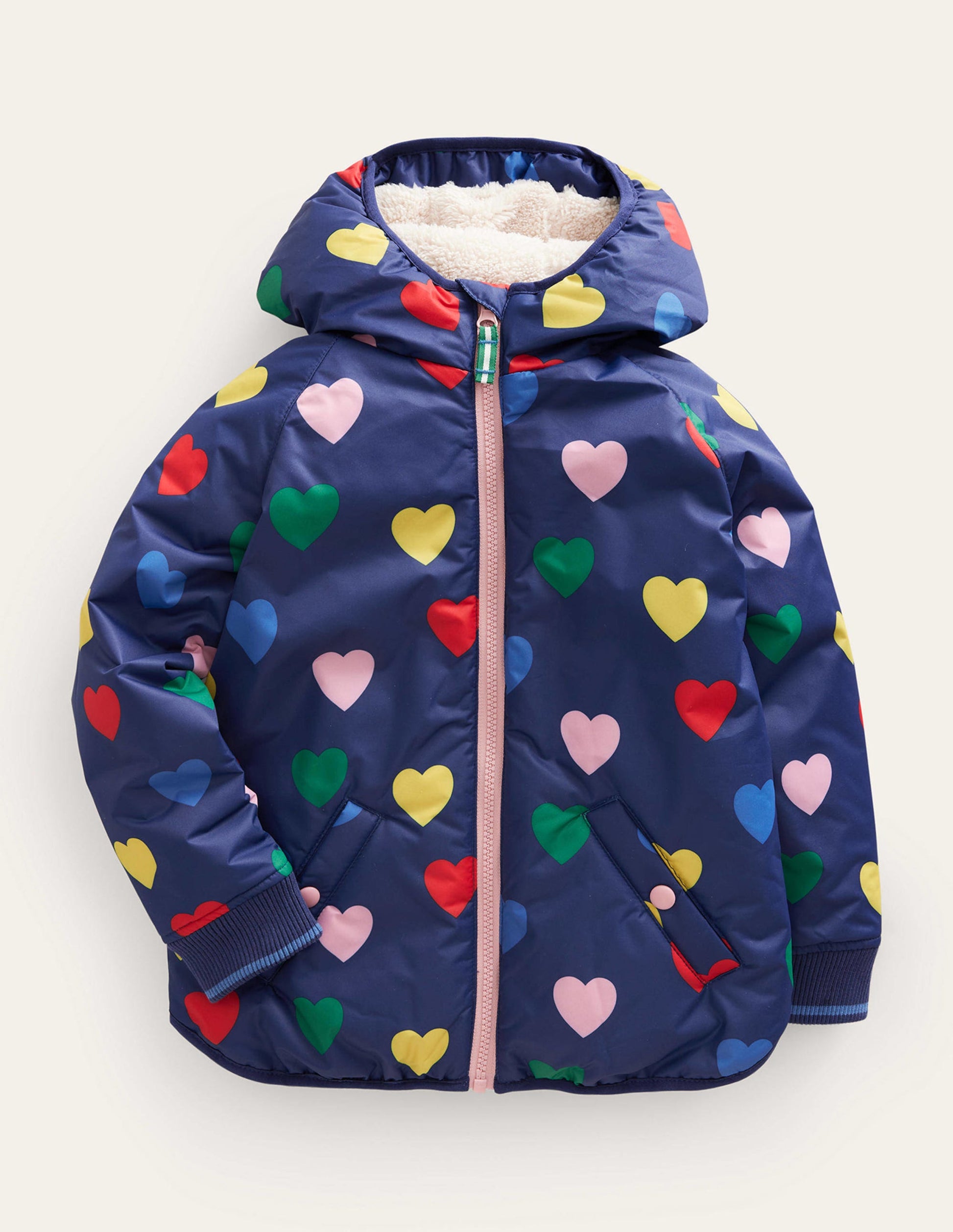 Printed Sherpa Lined Anorak-Navy Hearts-1