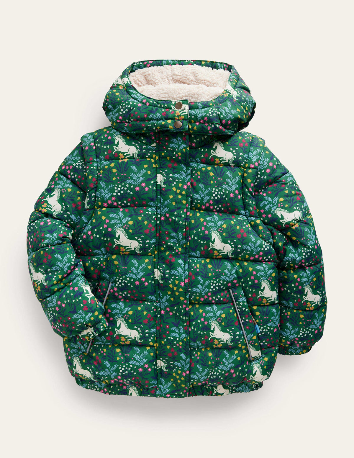 2-in-1 Padded Coat-Deep Green Unicorn Meadow - Image 1