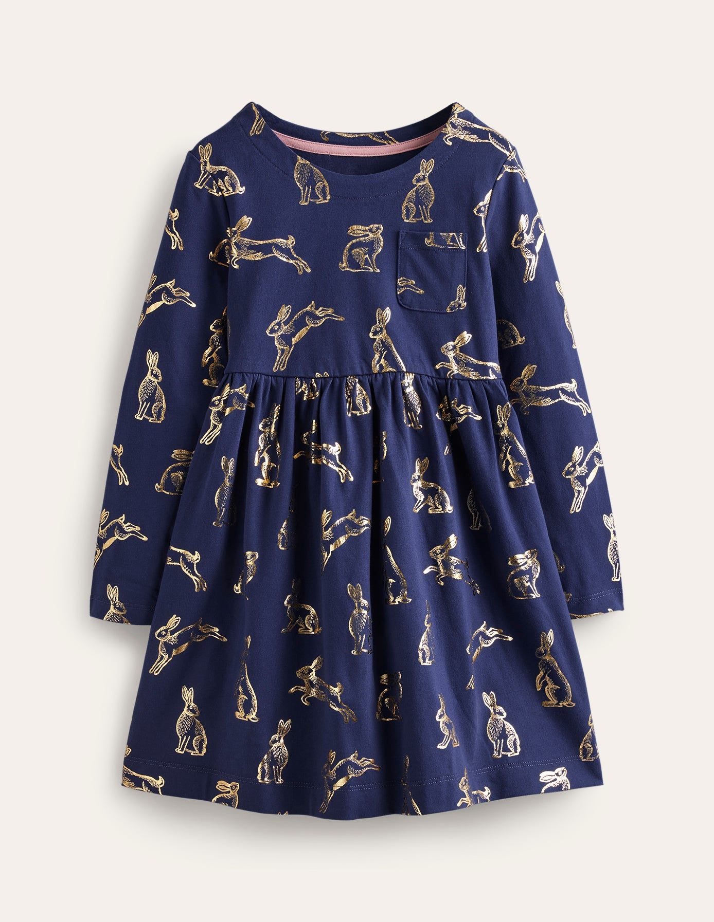 Long Sleeve Fun Jersey Dress-College Navy Foil Bunnies - Image 1