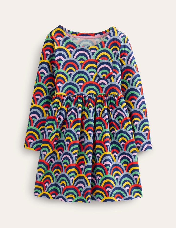 Long Sleeve Fun Jersey Dress-Medieval Blue Rainbow