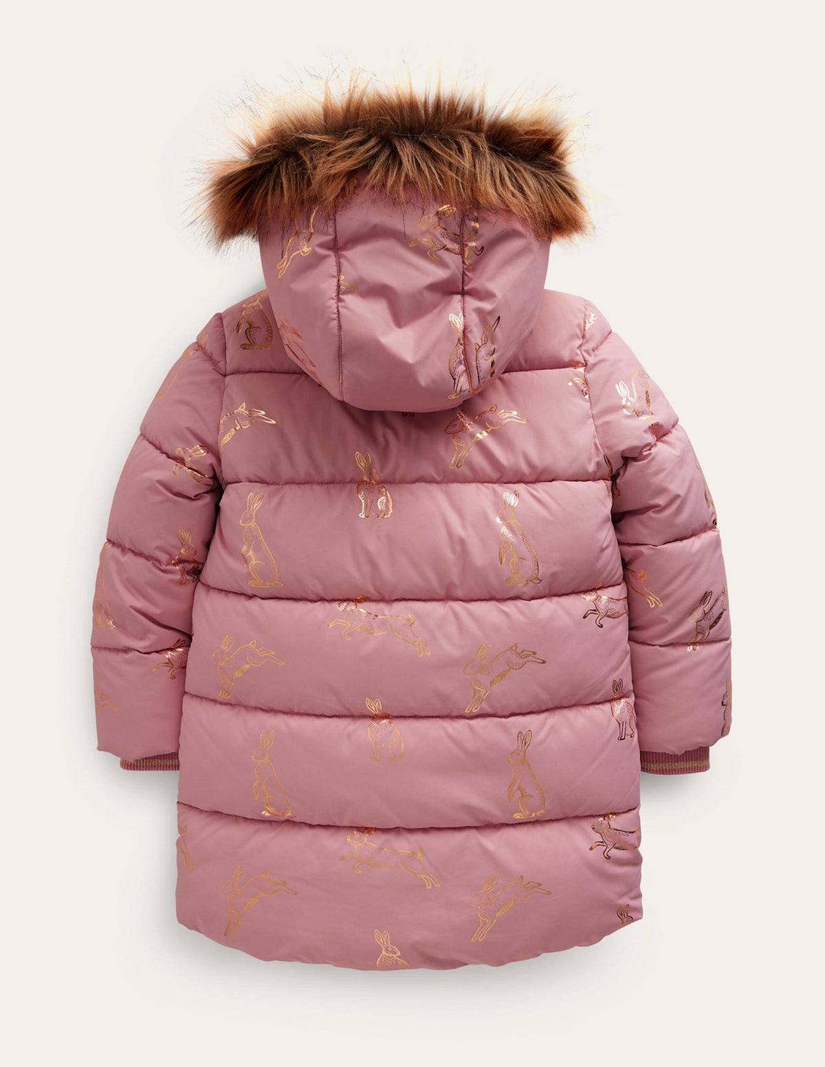 Longline Padded Coat-Almond Pink Foil Bunnies - Image 2