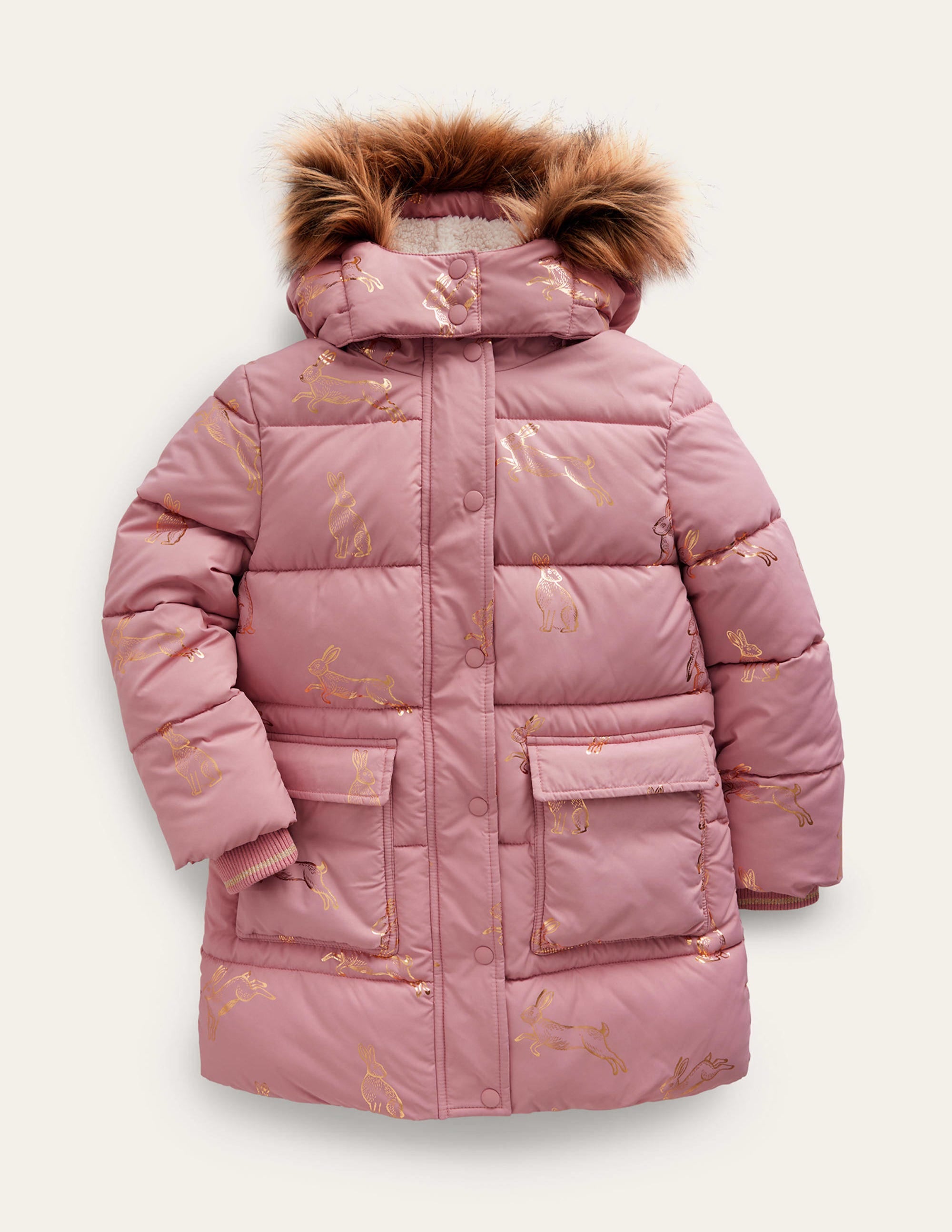 Longline Padded Coat-Almond Pink Foil Bunnies - Image 1