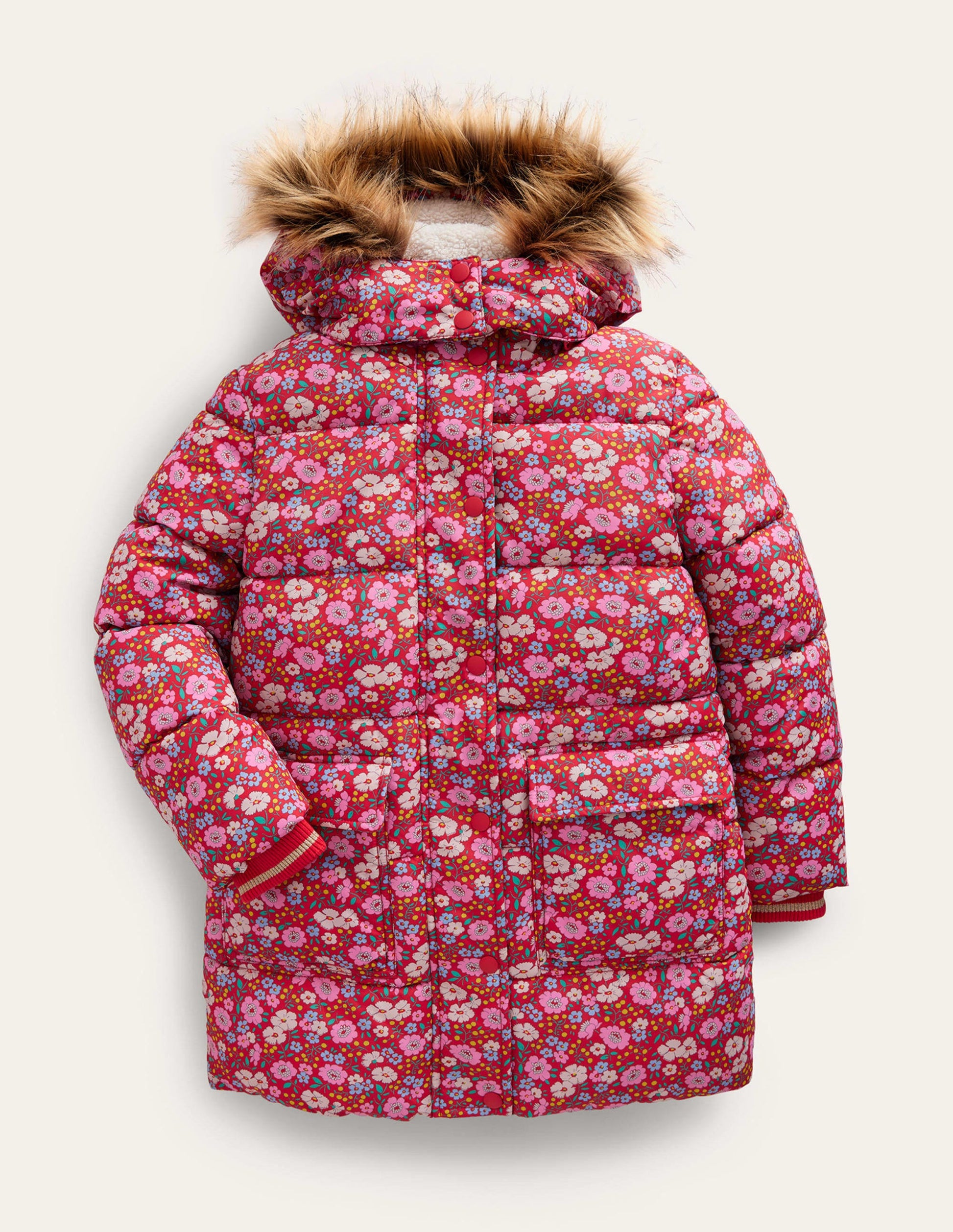 Longline Padded Coat-Brilliant Red Flowerbed-1