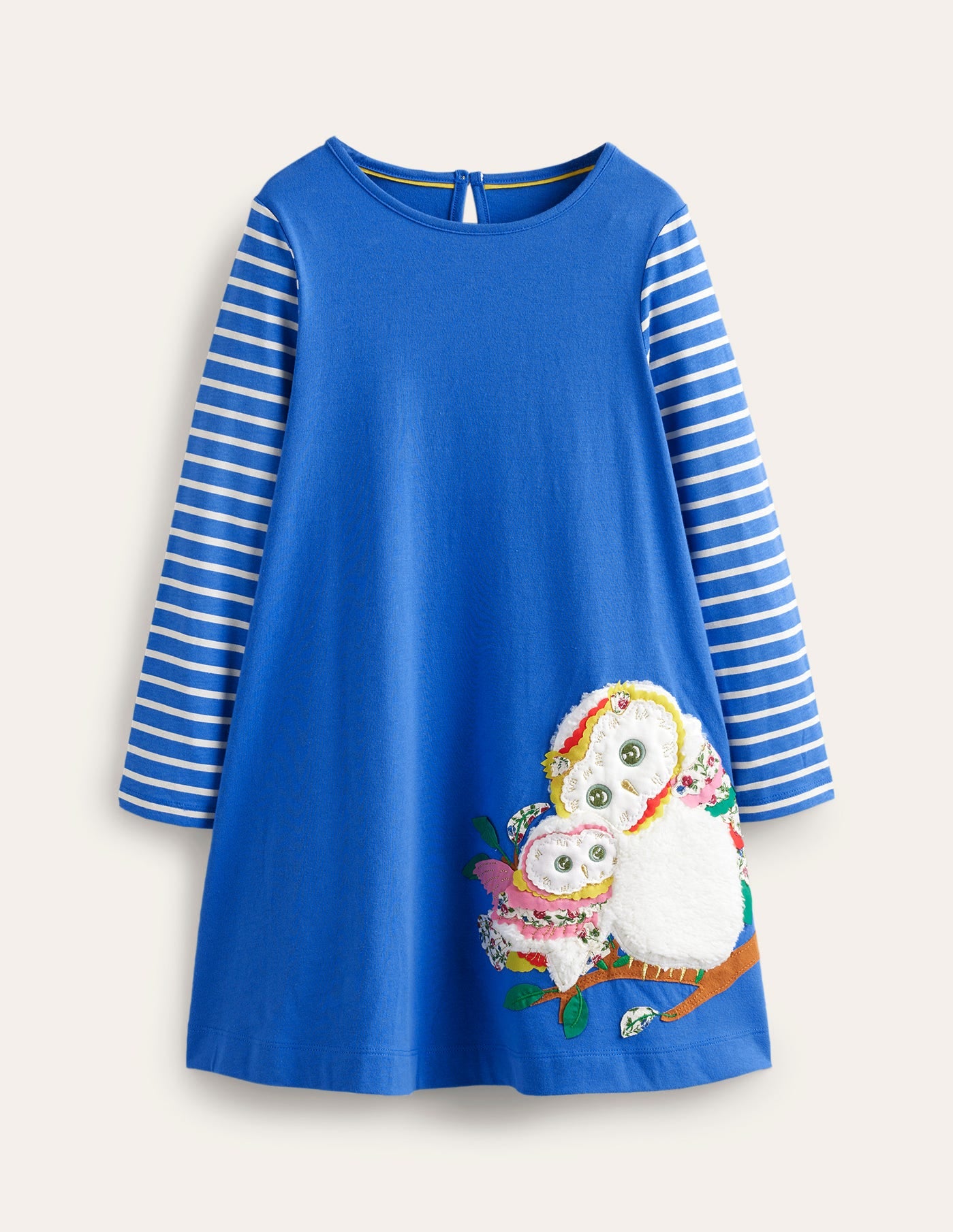 Big Appliqué Dress-Delft Blue Owls - Image 1