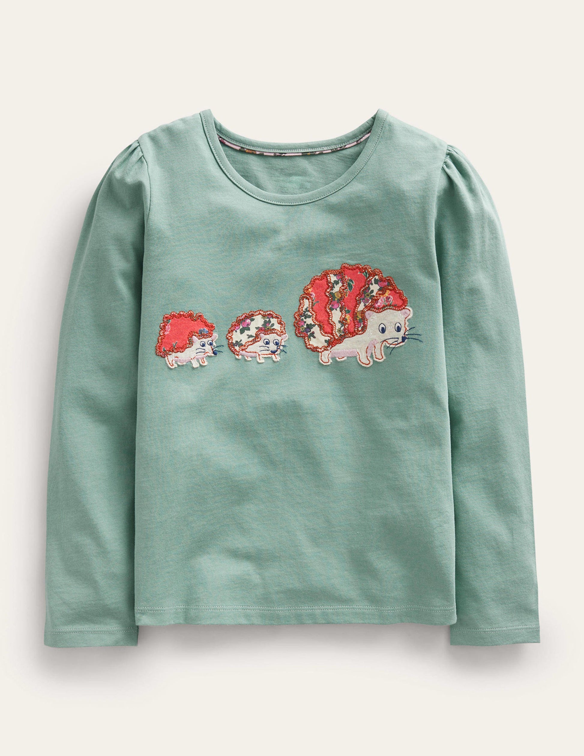 Appliqué Puff-Sleeve Top-Green Smoke Hedgehog-1