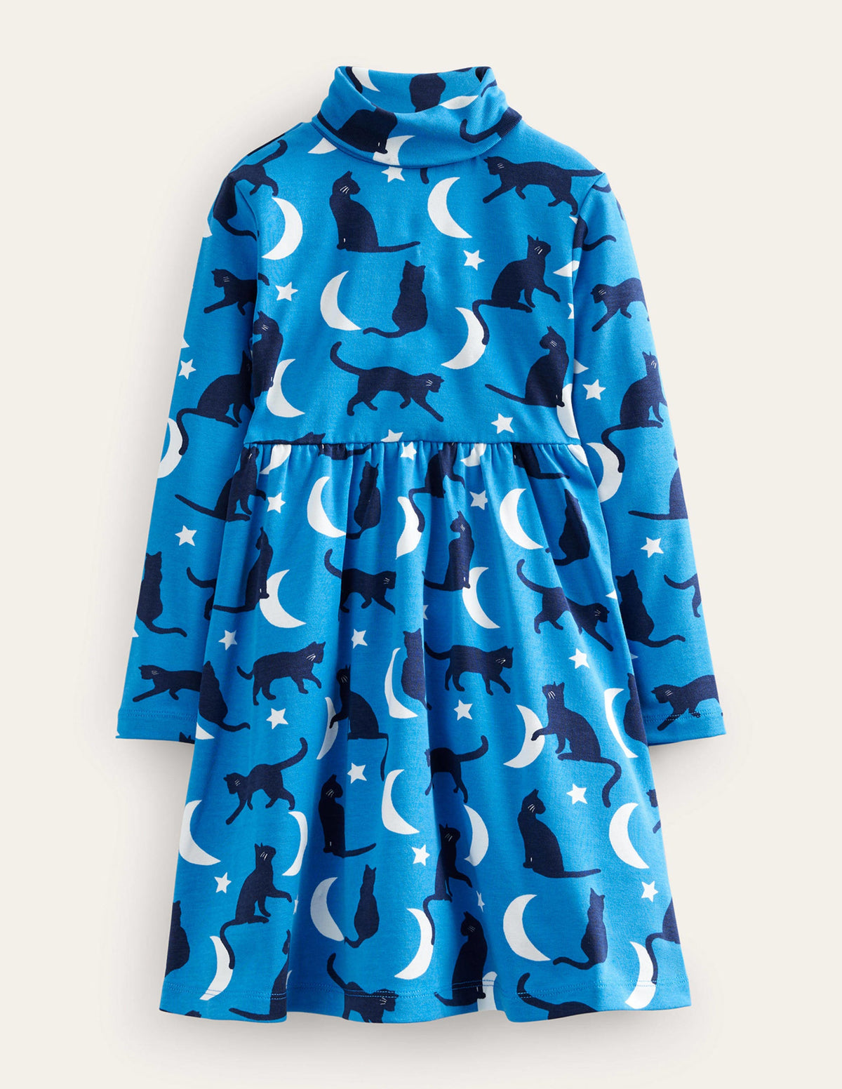 Roll Neck Jersey Dress-Bright Blue Cats - Image 1
