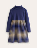 Roll Neck Jersey Dress-College Navy/Metallic Stripe