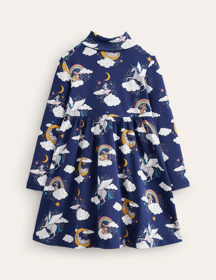 Roll Neck Jersey Dress-College Navy Magical Sky