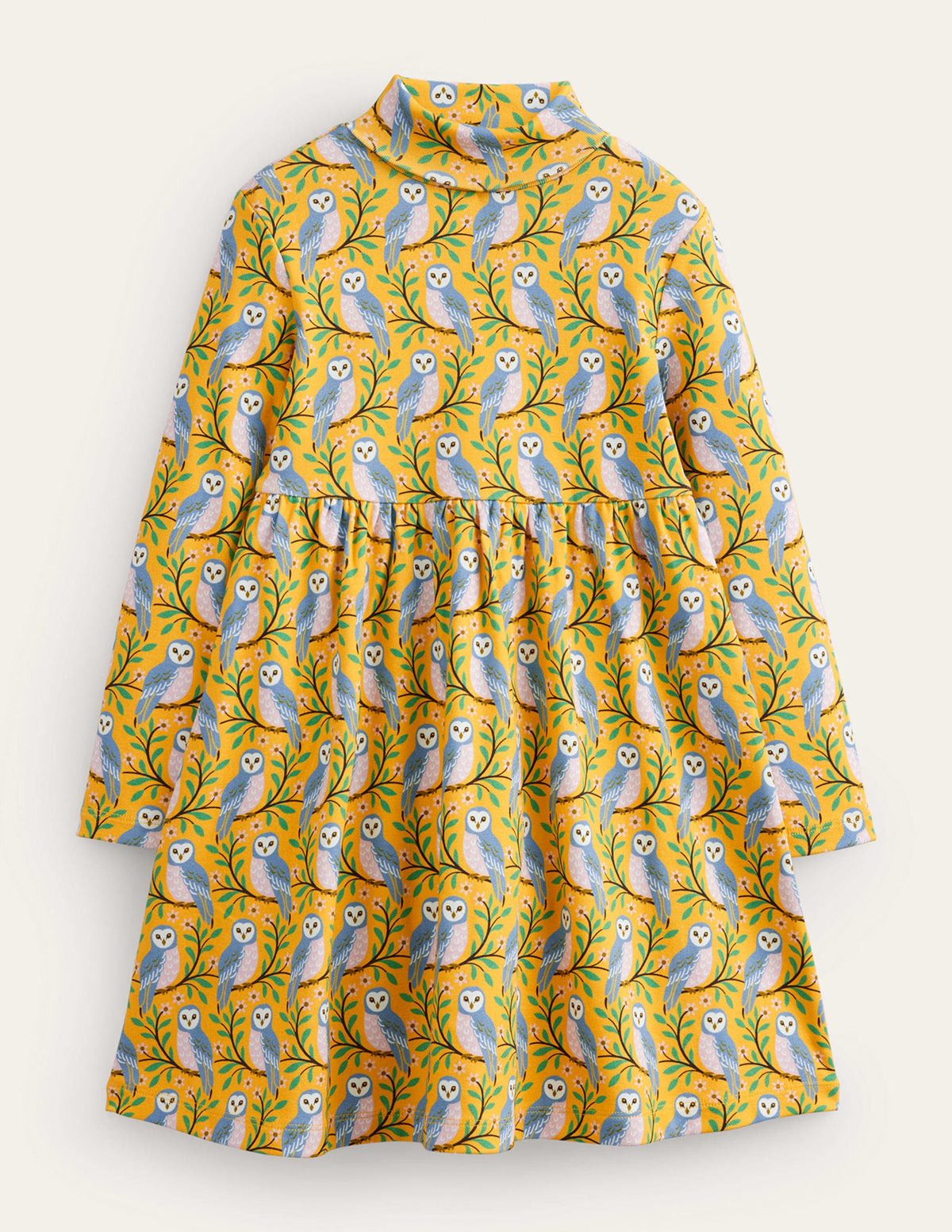 Roll Neck Jersey Dress-Oil Yellow Geo Owls - Image 1