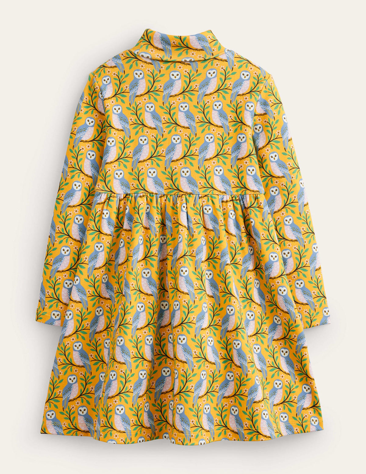 Roll Neck Jersey Dress-Oil Yellow Geo Owls - Image 2