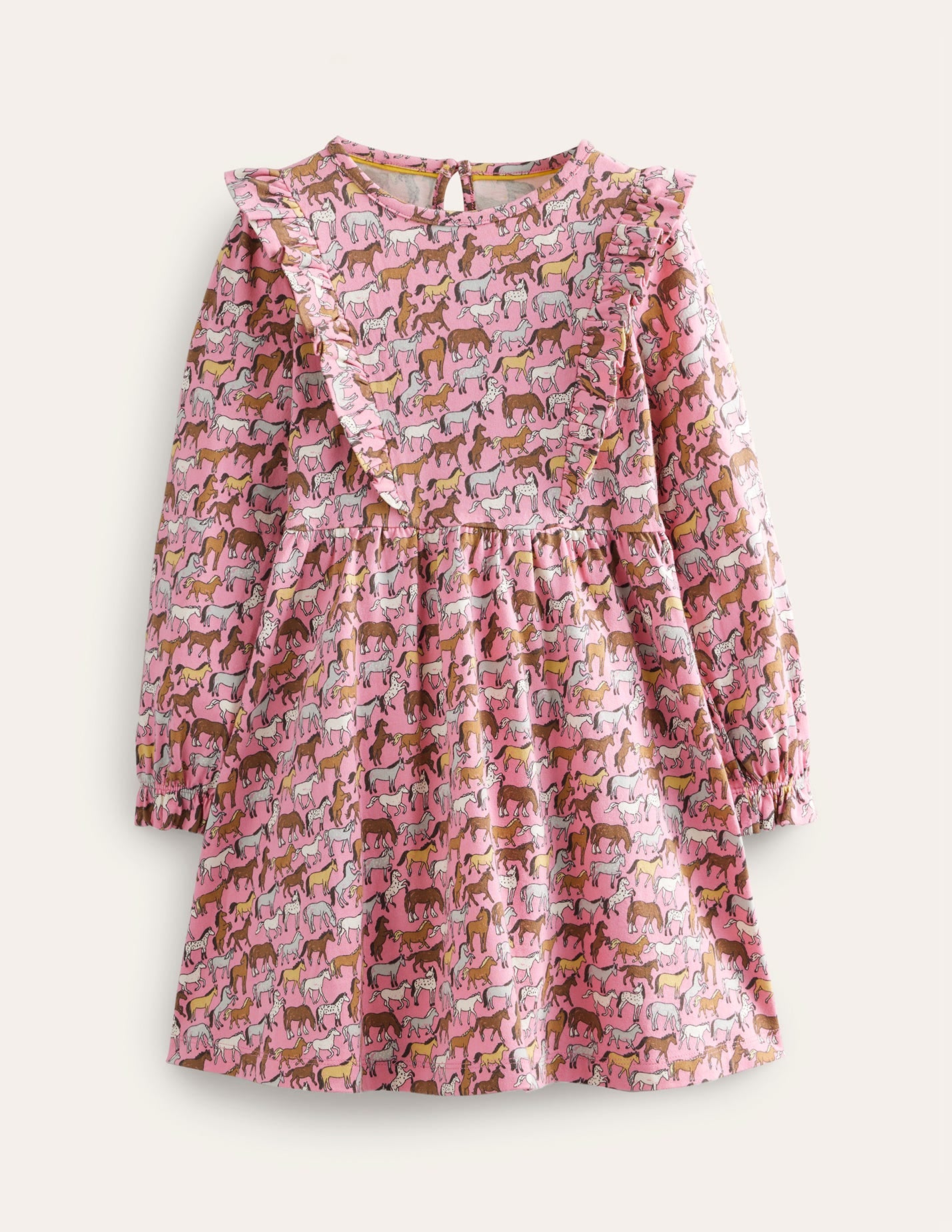 Long Sleeve Ruffle  Dress-Formica Pink Horses-1