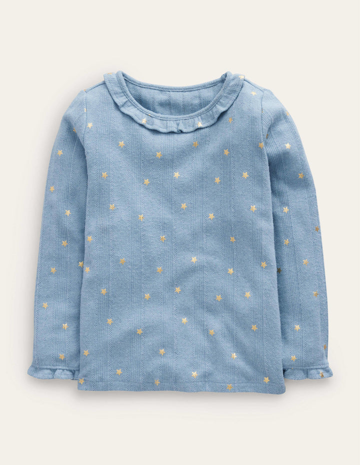 Ruffle Sparkle Pointelle-Pebble Blue Gold Star