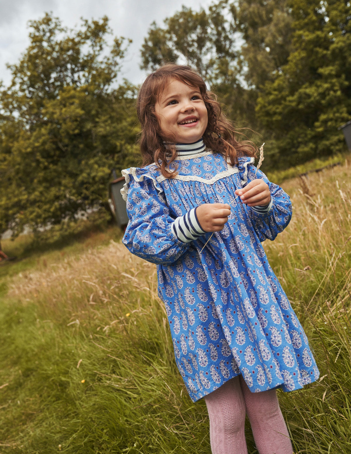 Lace Trim Printed Dress-Blue Paisley-4