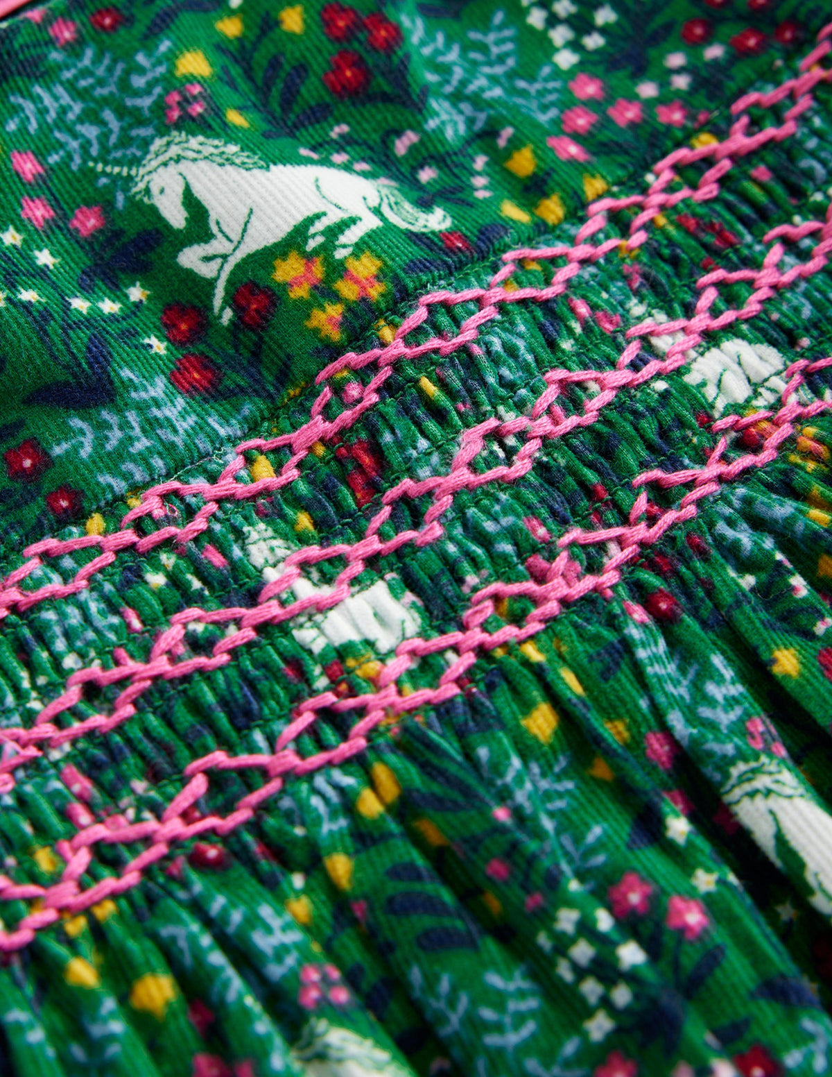 Cord Smocked Dress-Deep Green Unicorn Meadow-3