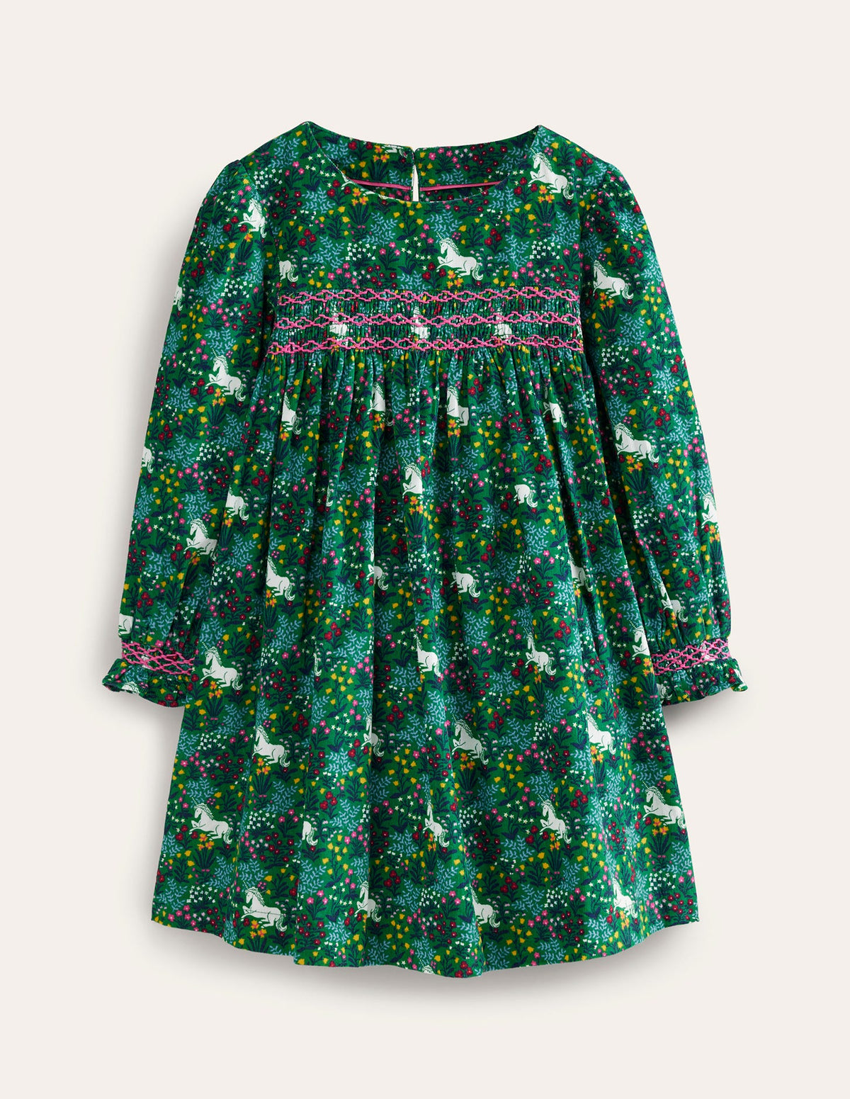 Cord Smocked Dress-Deep Green Unicorn Meadow - Image 1