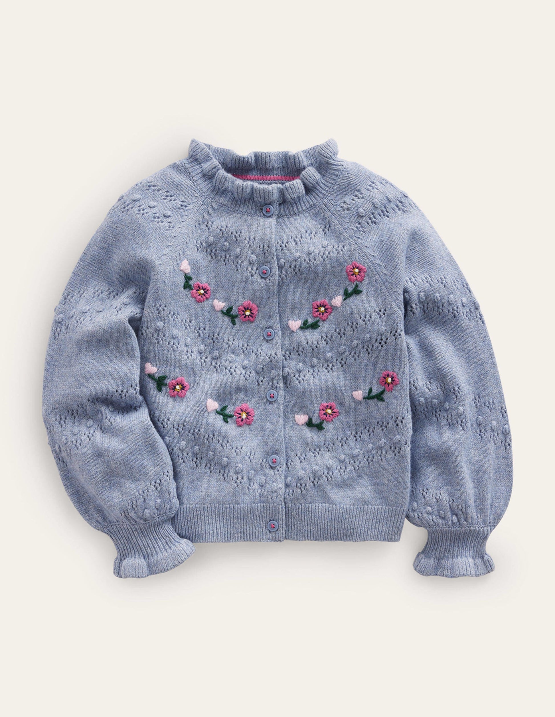 Embroidered Frill Cardigan-Pebble Blue-1