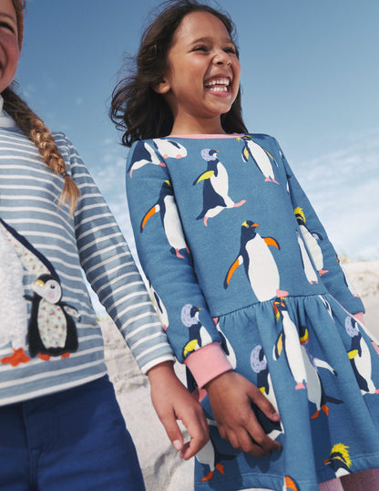 Cosy Printed Sweatshirt Dress-Delft Blue Penguin-4