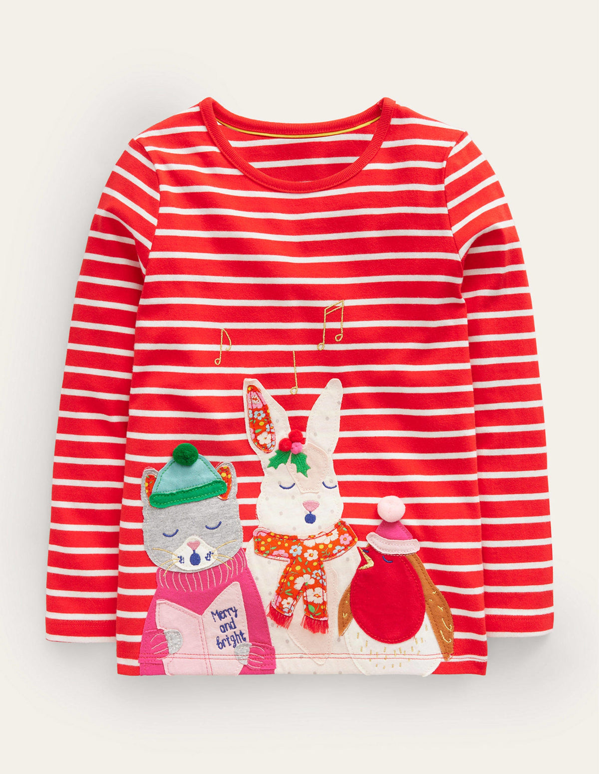 Puff Sleeve Appliqué T-shirt-Brilliant Red/Ivory Carolers-1