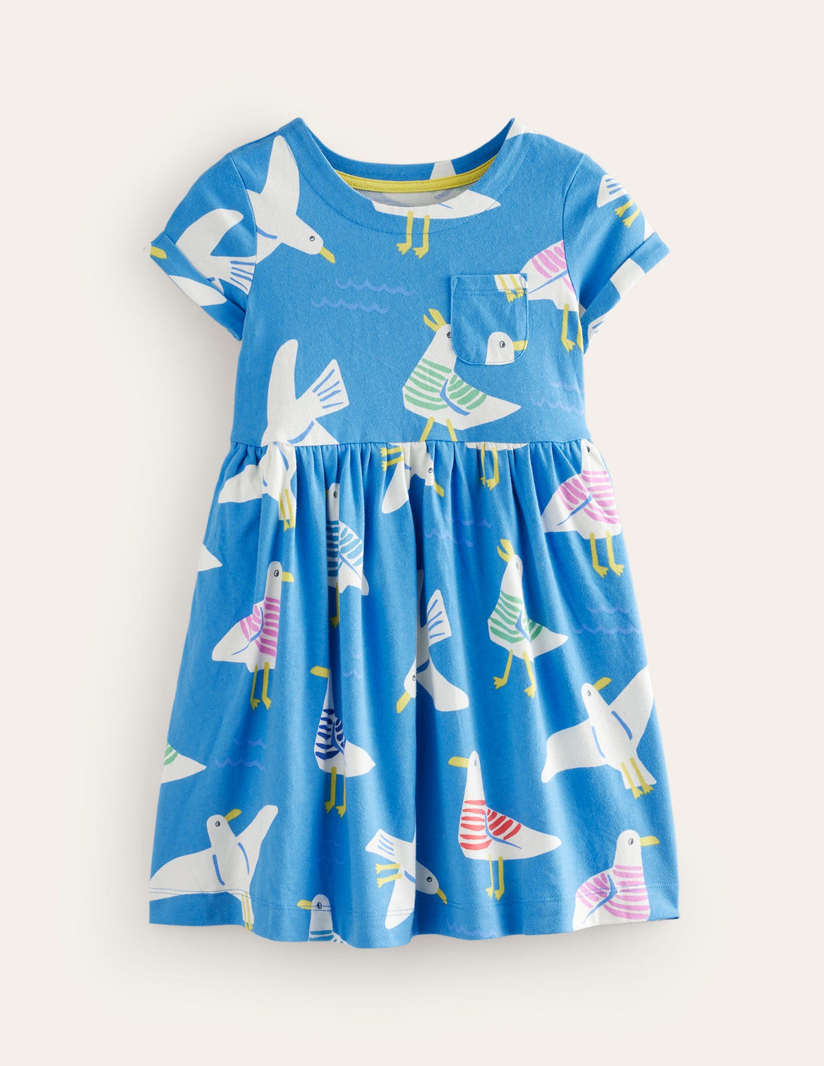Short-sleeved Fun Jersey Dress-Blue Seagulls - Image 1