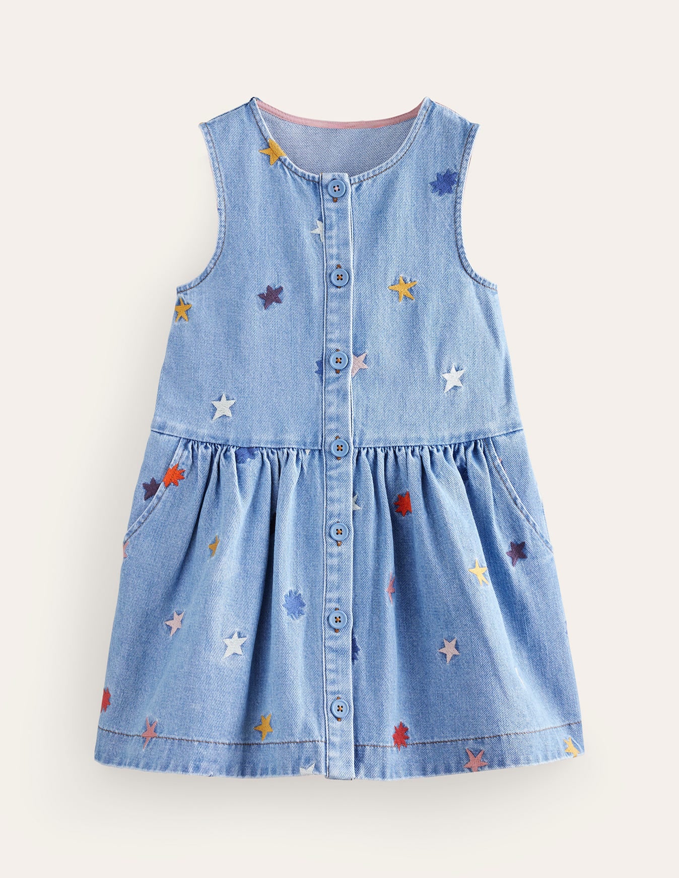 Button Pinafore Dress-Multi Star Embroidery-1