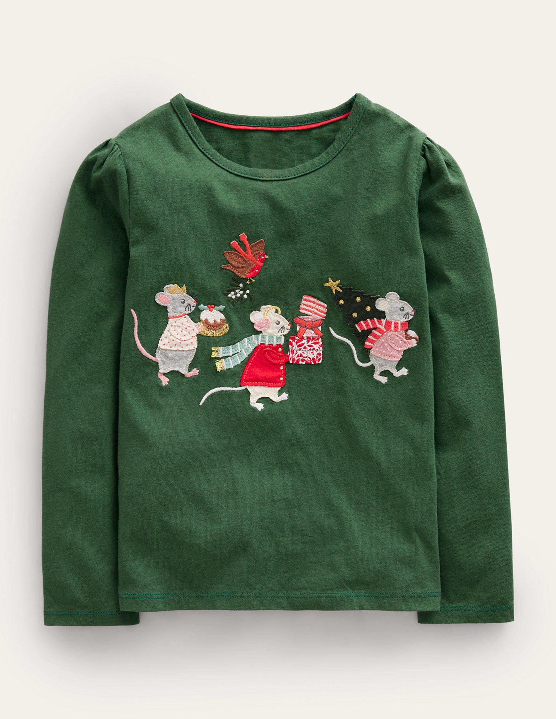 Appliqué Puff-Sleeve Top-Amazon Green Festive Mice-1