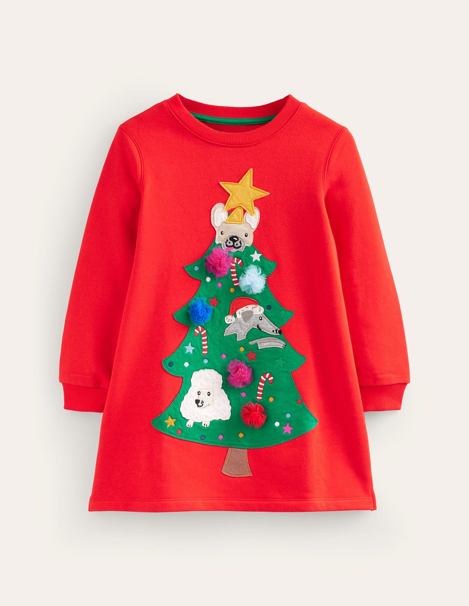 Cosy Appliqué Sweatshirt Dress-Brilliant Red Christmas Tree - Image 1