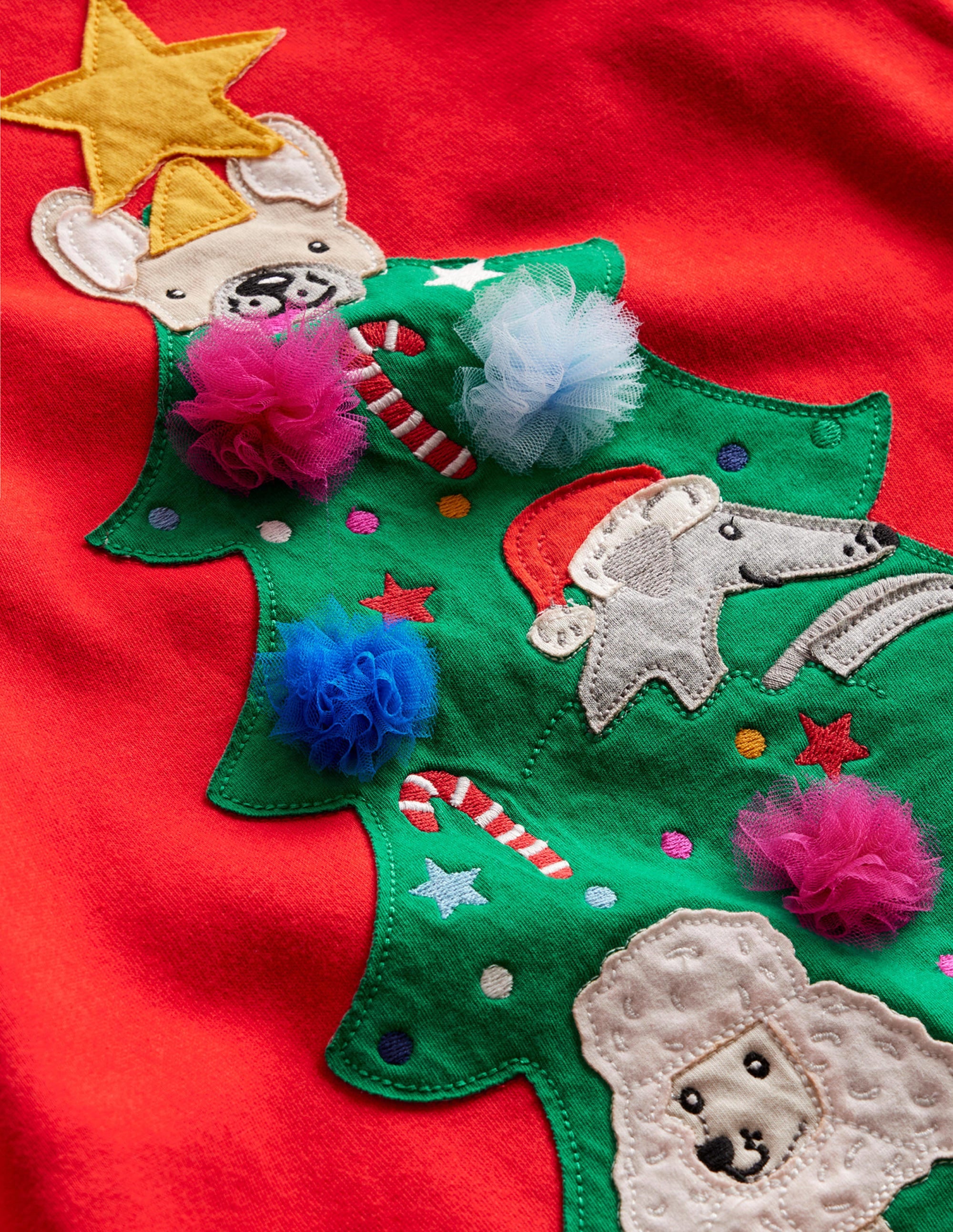 Cosy Appliqué Sweatshirt Dress-Brilliant Red Christmas Tree - Image 3
