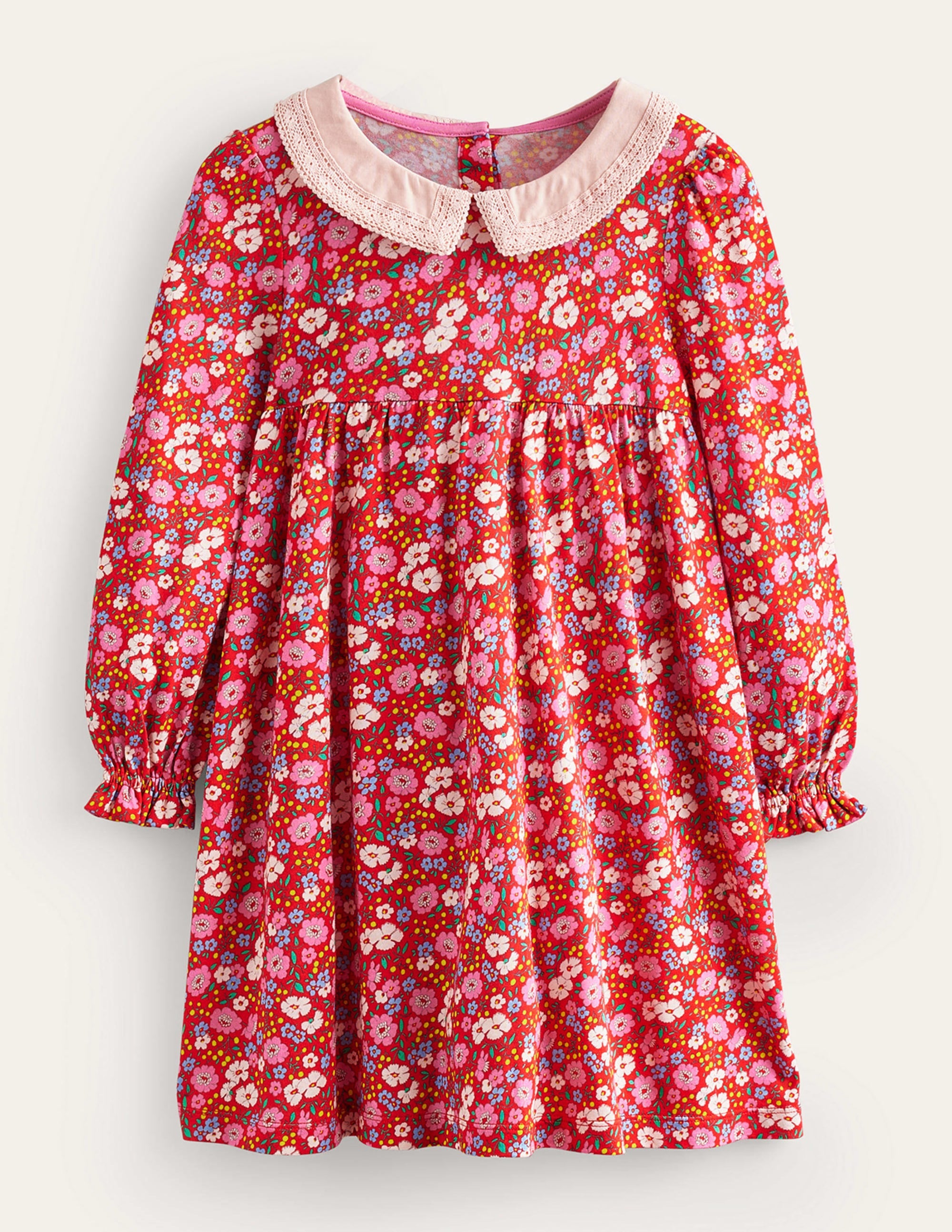 Lace Collar Jersey Dress-Brilliant Red Festive Flower - Image 1
