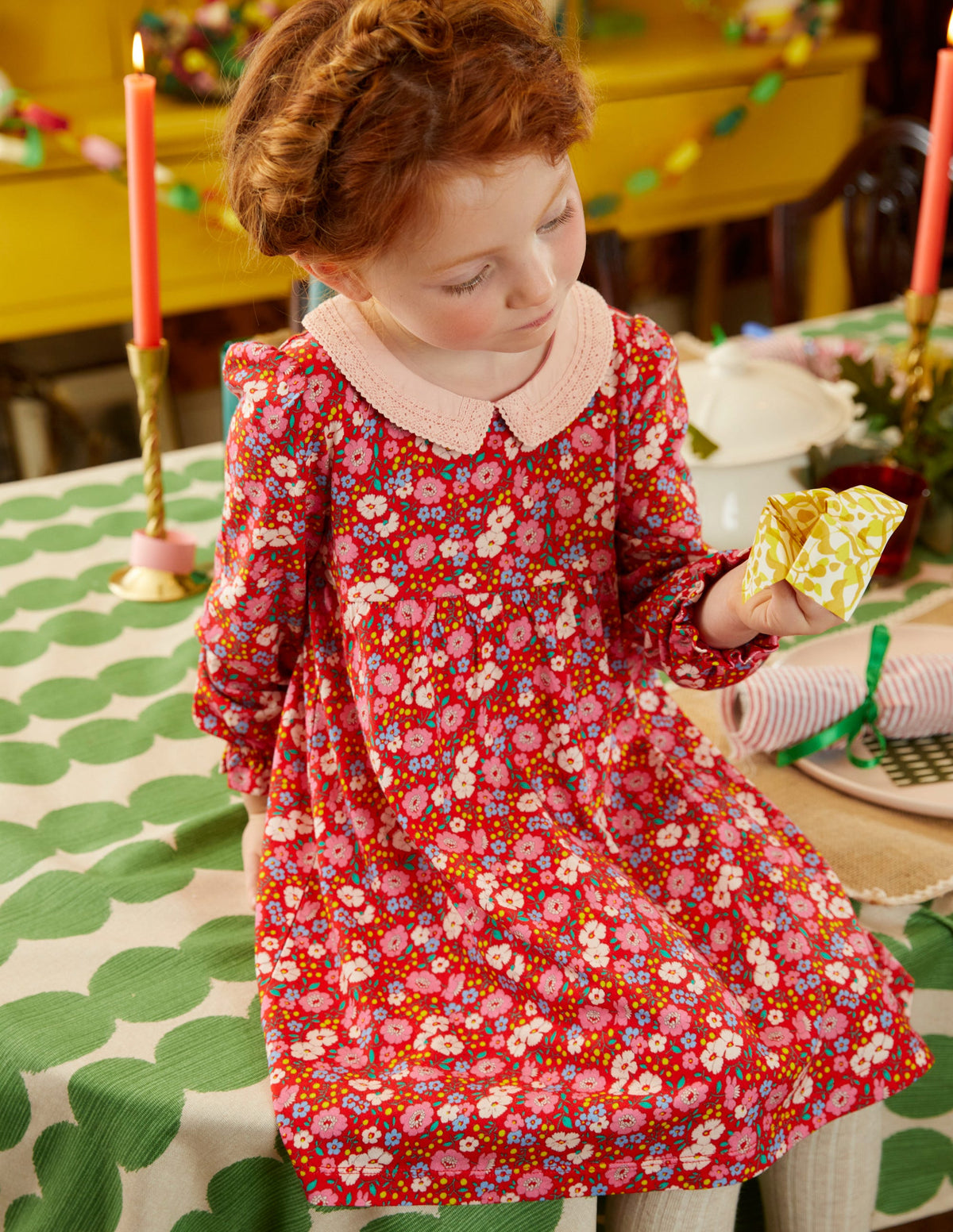 Lace Collar Jersey Dress-Brilliant Red Festive Flower - Image 4