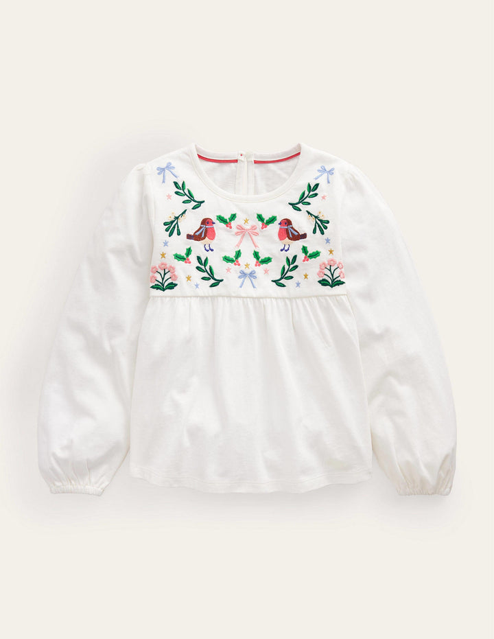 Embroidered Jersey Top-Ivory Festive