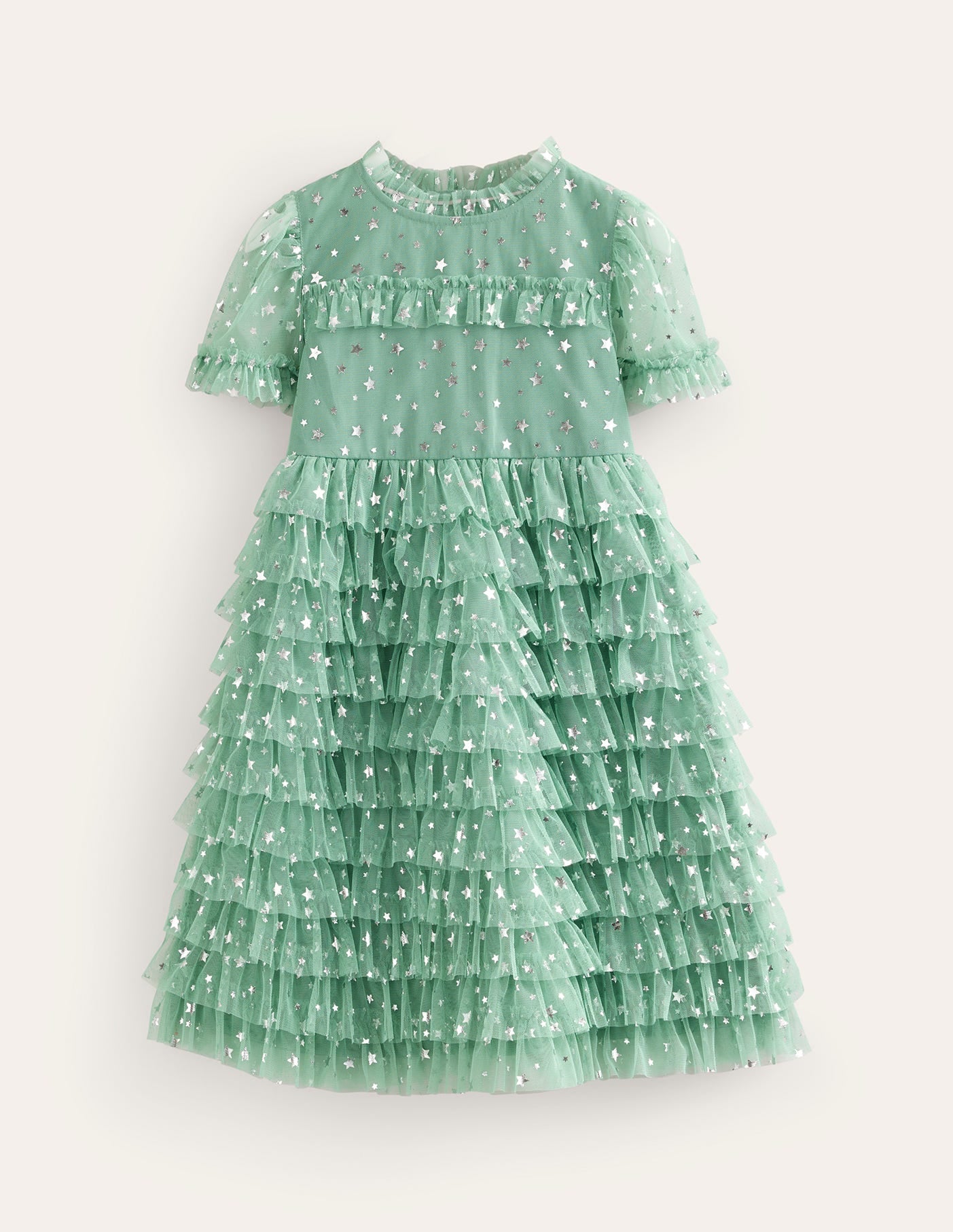 Ruffle Tulle Star Dress-Csarite Green Foil Stars-1
