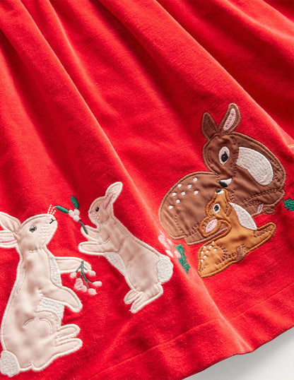 Applique Smocked Velvet Dress-Rockabilly Red-3